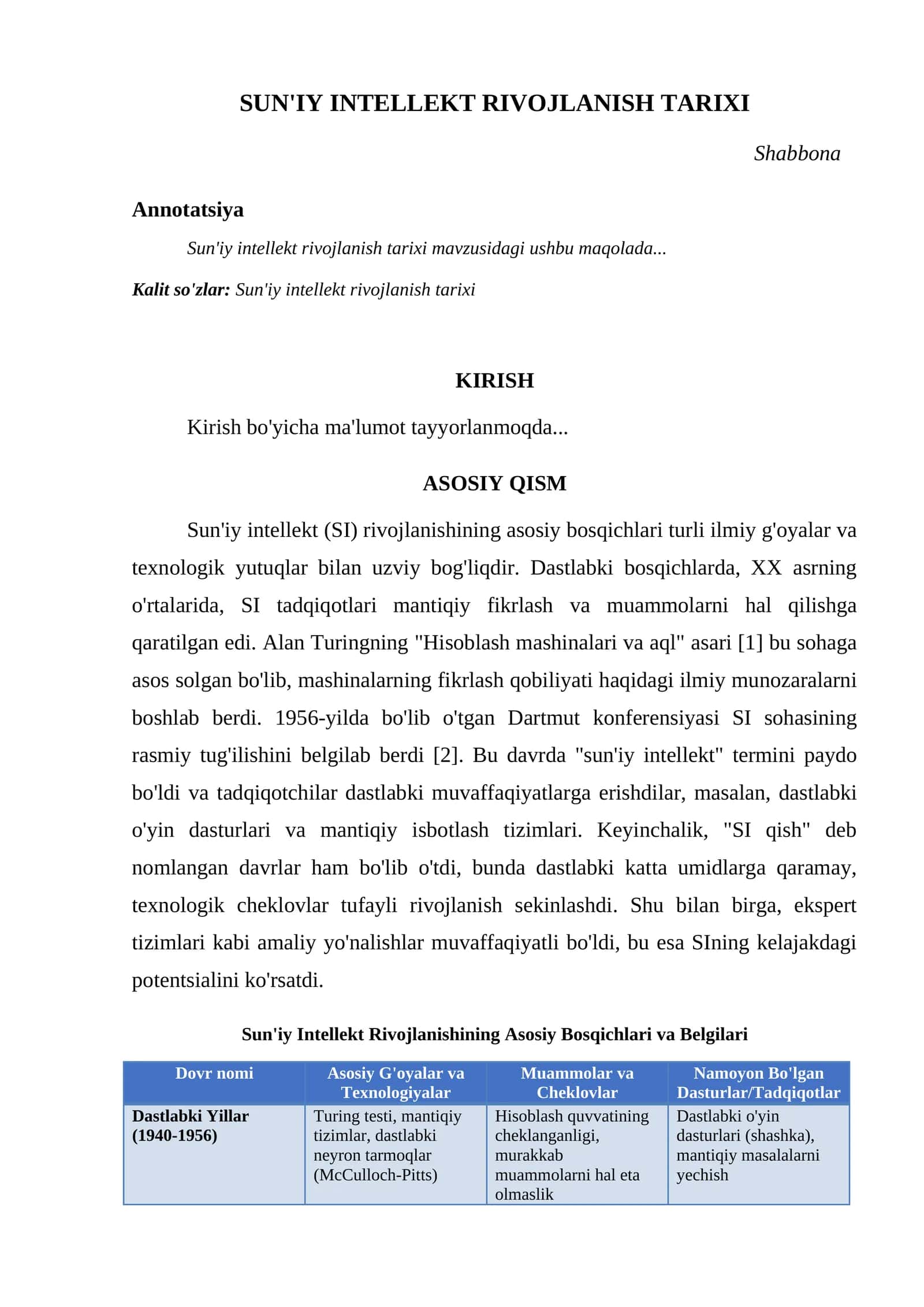 SUN'IY INTELLEKT RIVOJLANISH TARIXI