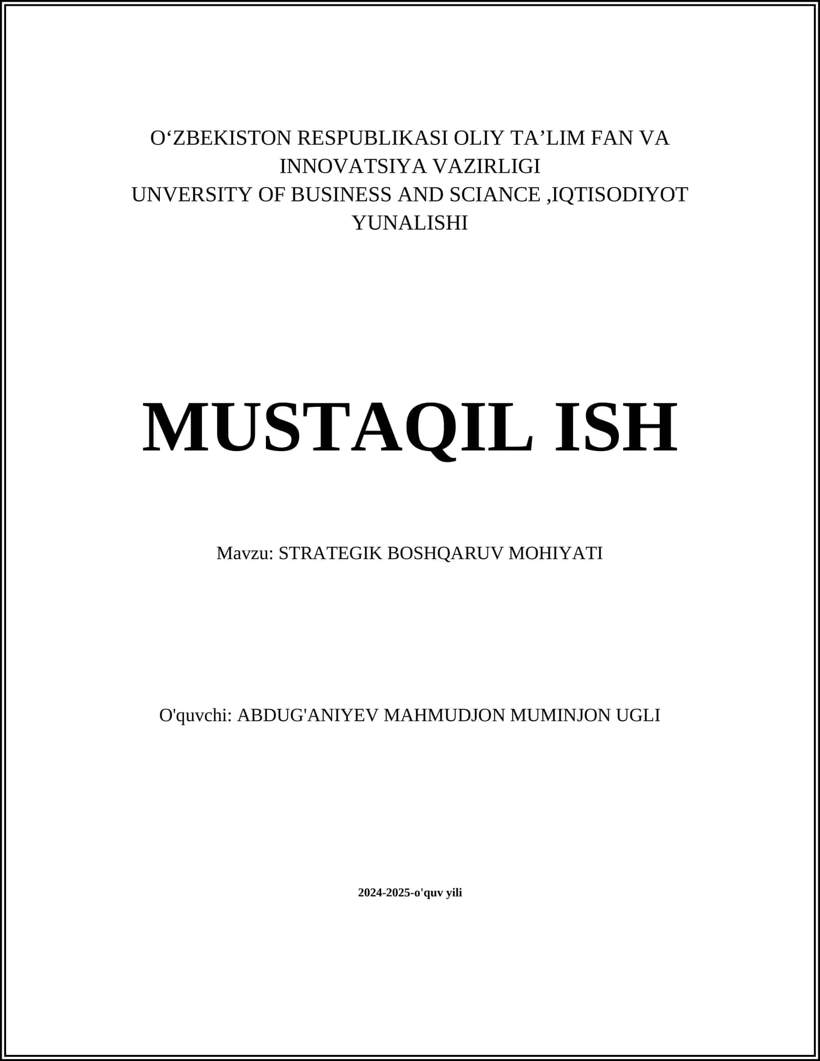 STRATEGIK BOSHQARUV MOHIYATI