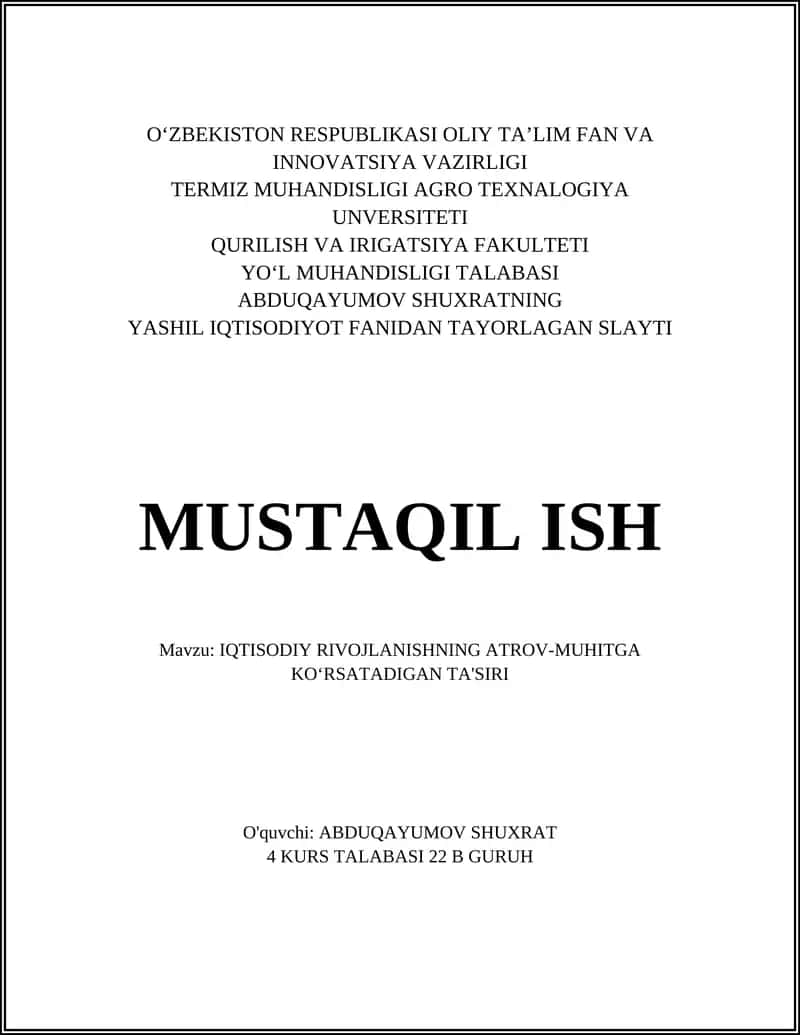 YASHIL IQTISODIYOT FANIDAN TAYORLAGAN SLAYT