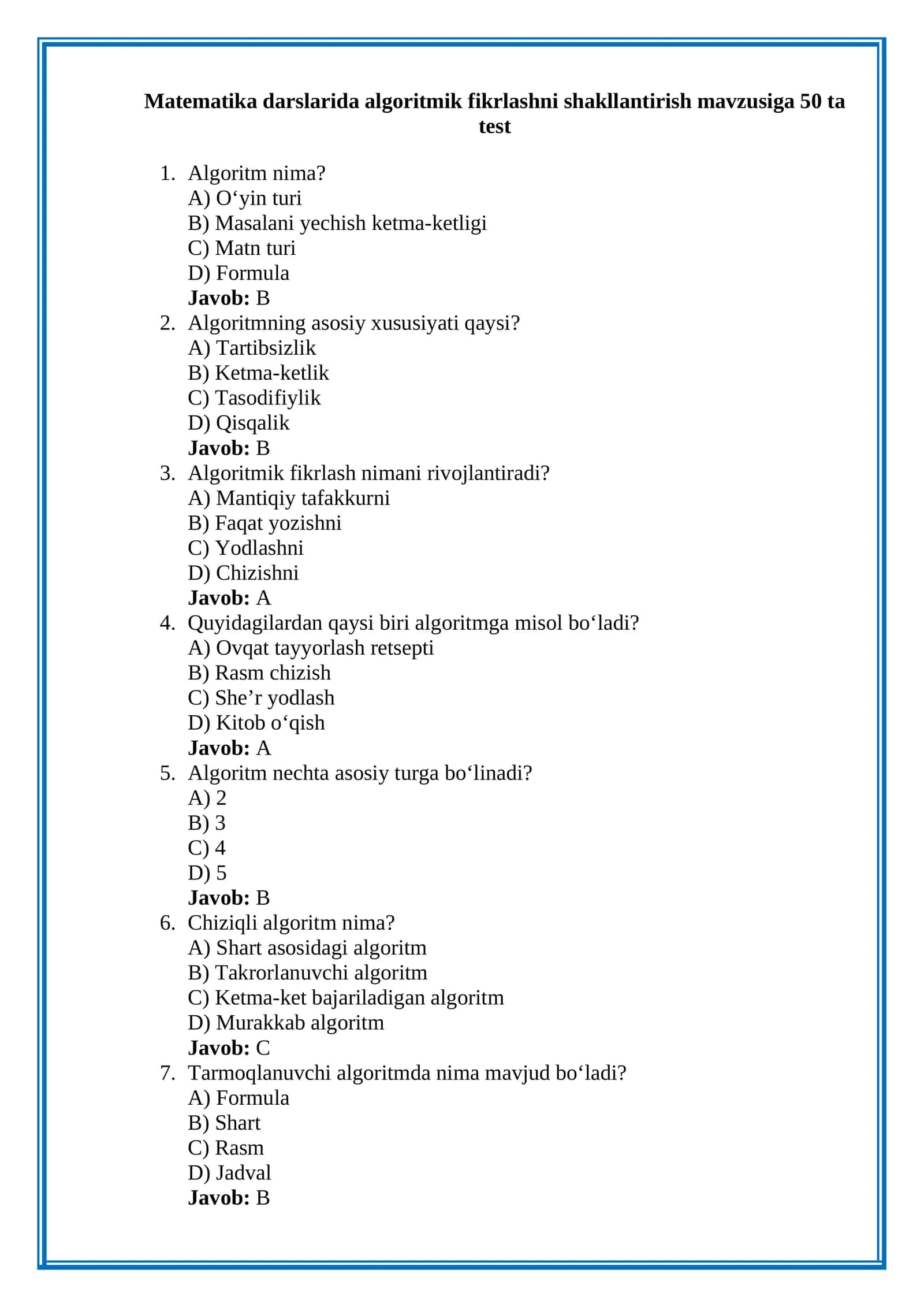 Matematika darslarida algoritmik fikrlashni shakllantirish mavzusiga 50 ta test
