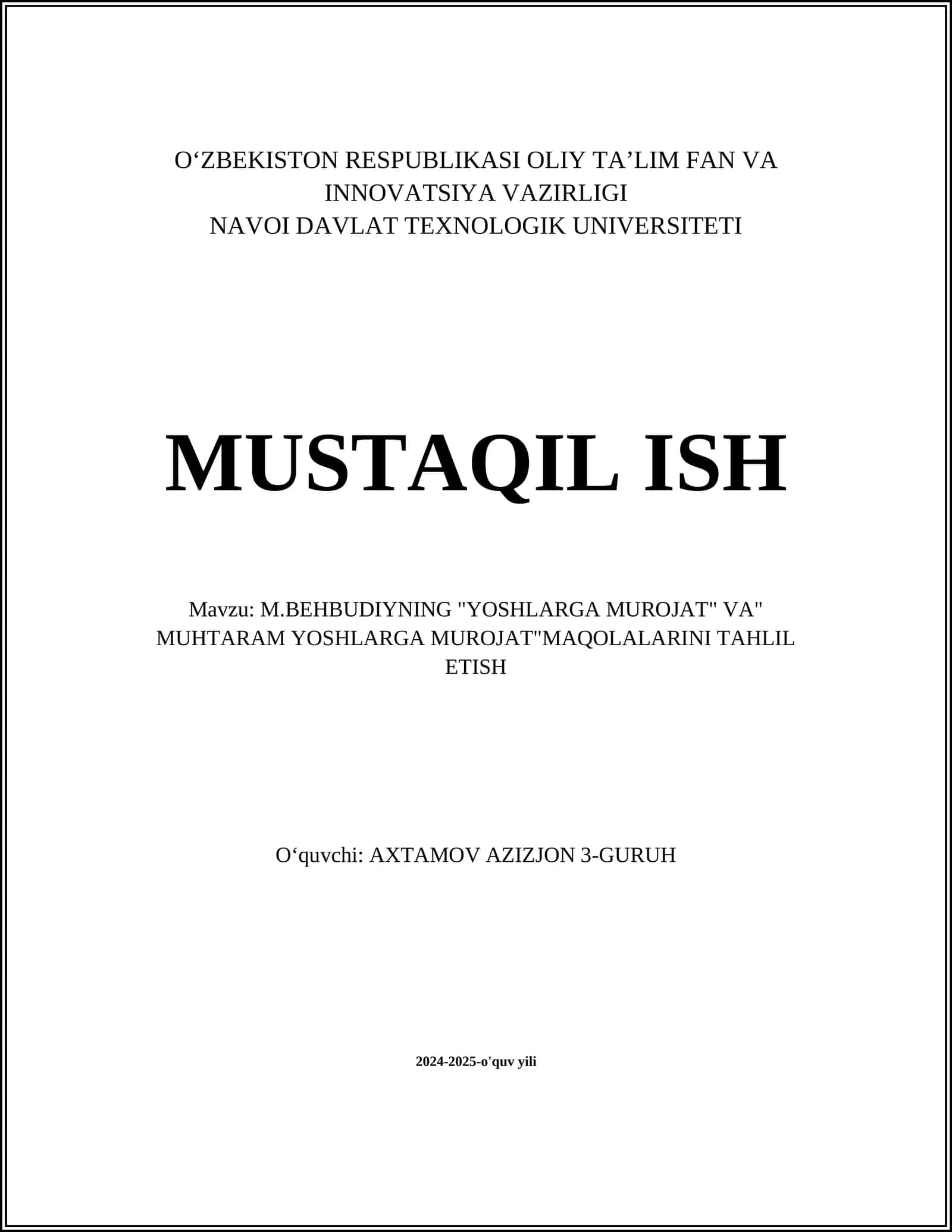 M.BEHBUDIYNING "YOSHLARGA MUROJAT" VA" MUHTARAM YOSHLARGA MUROJAT"MAQOLALARINI TAHLIL ETISH