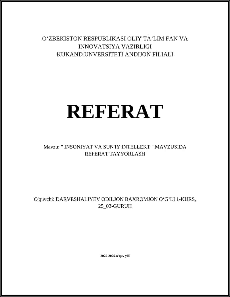 Insoniyat va Sun'iy Intellekt Referat