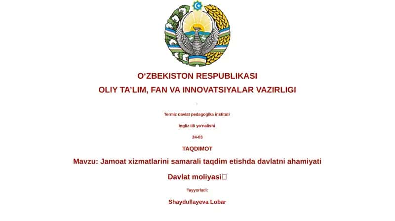 Jamoat xizmatlarini samarali taqdim etishda davlatni ahamiyati