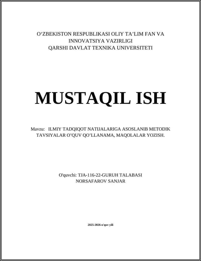 ILMIY TADQIQOT NATIJALARIGA ASOSLANIB METODIK TAVSIYALAR O’QUV QO’LLANAMA