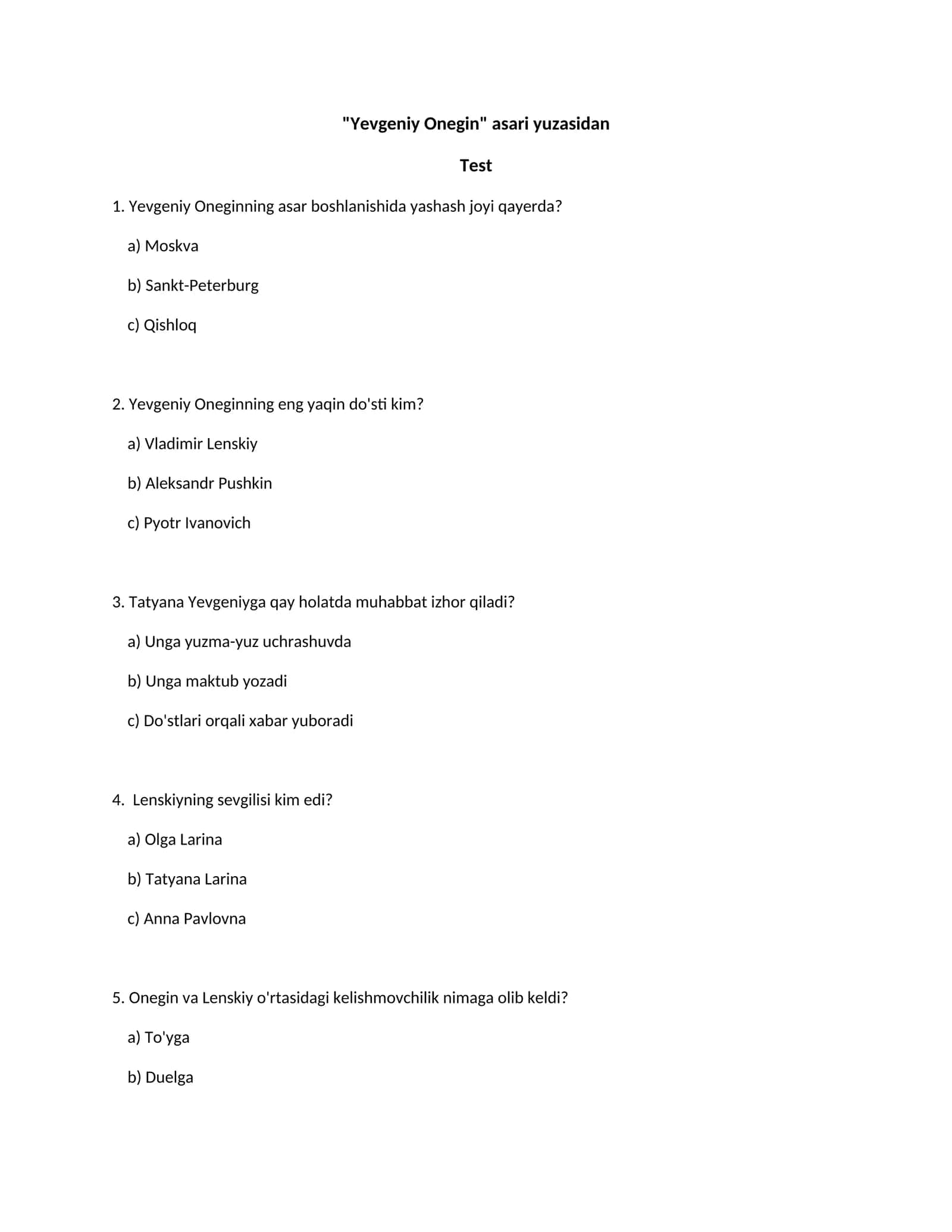 "Yevgeniy Onegin" asari yuzasidan Test
