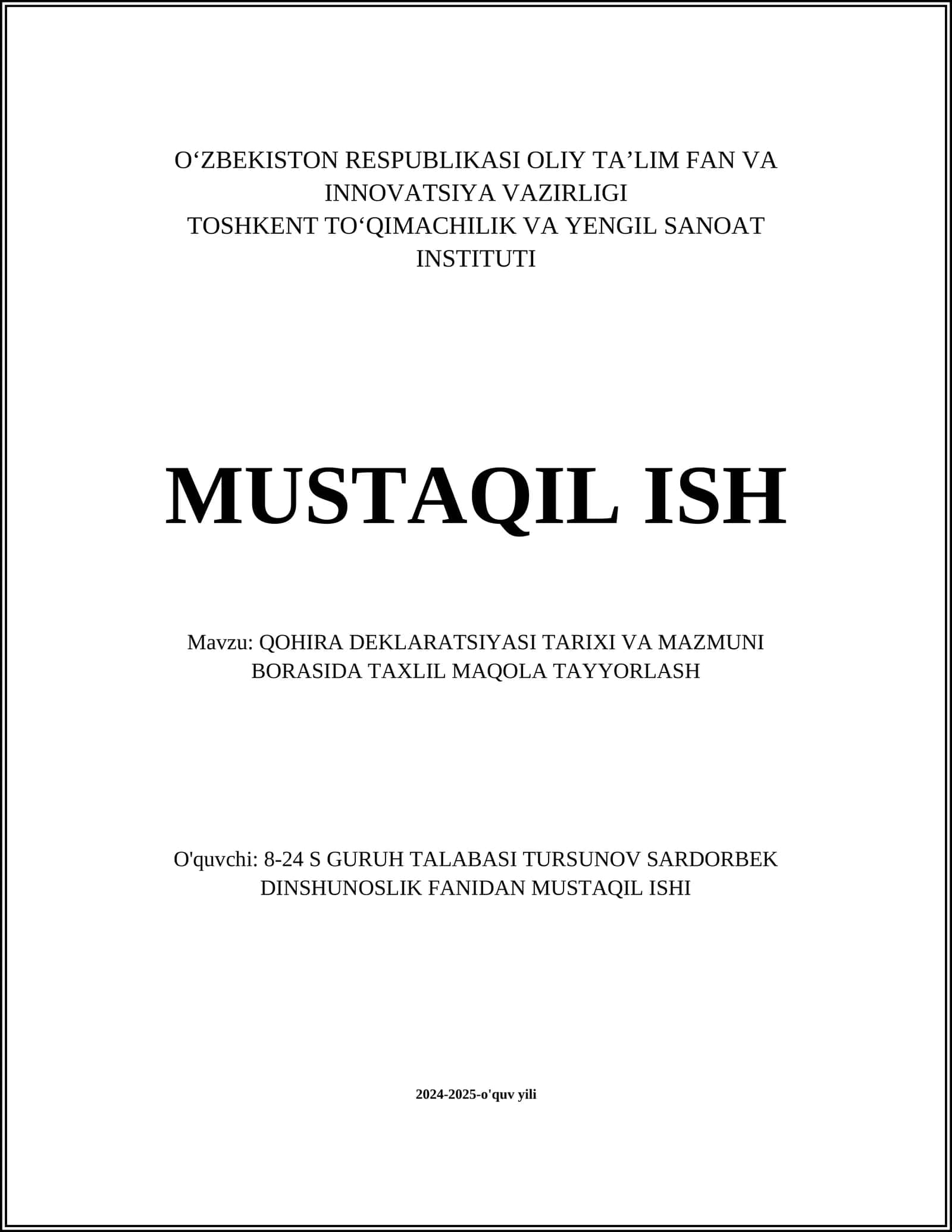 Qohira Deklaratsiyasi Tarixi va Mazmuni Borasida Taxlil Maqola Tayyorlash