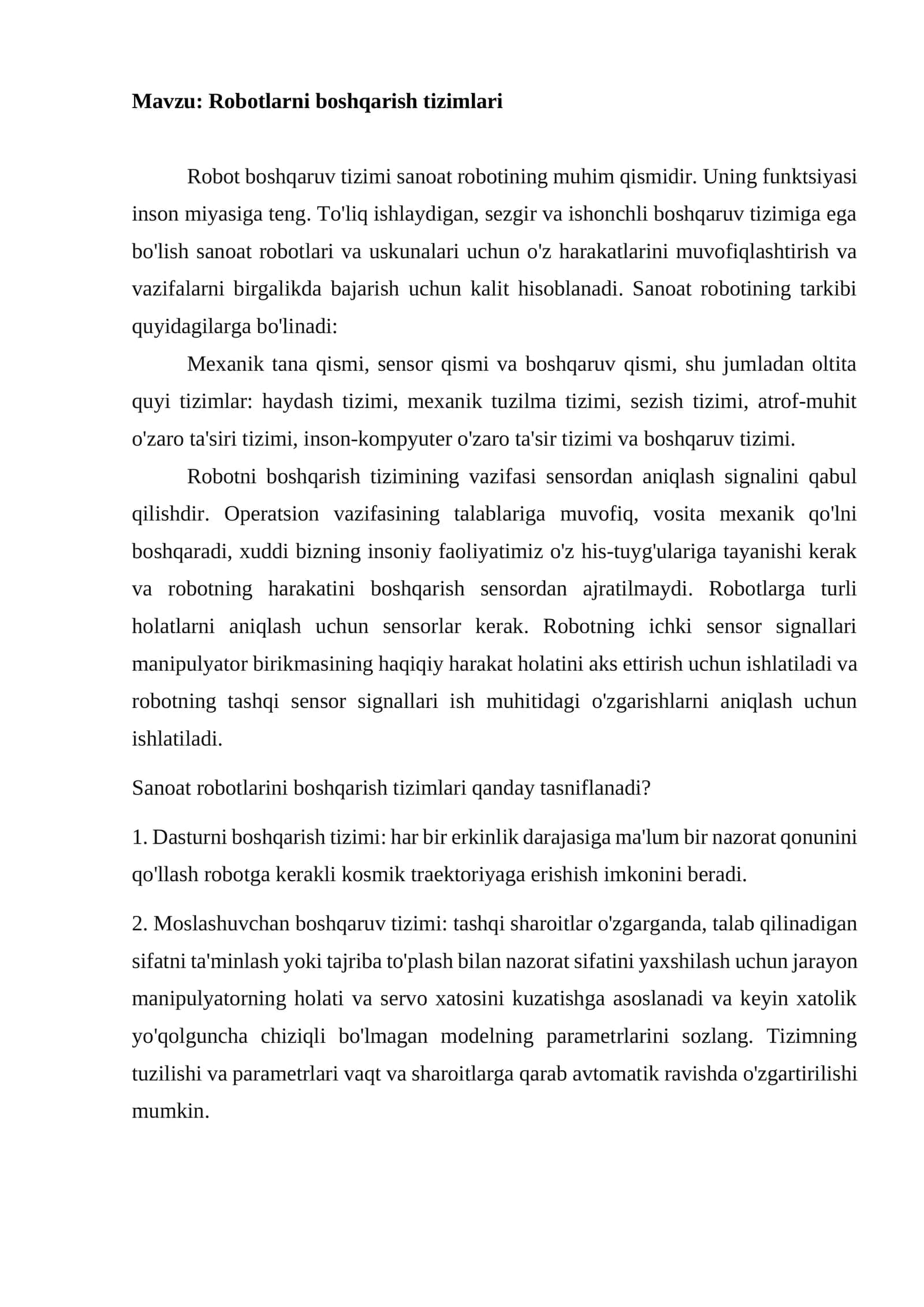 Robotlarni boshqarish tizimlari