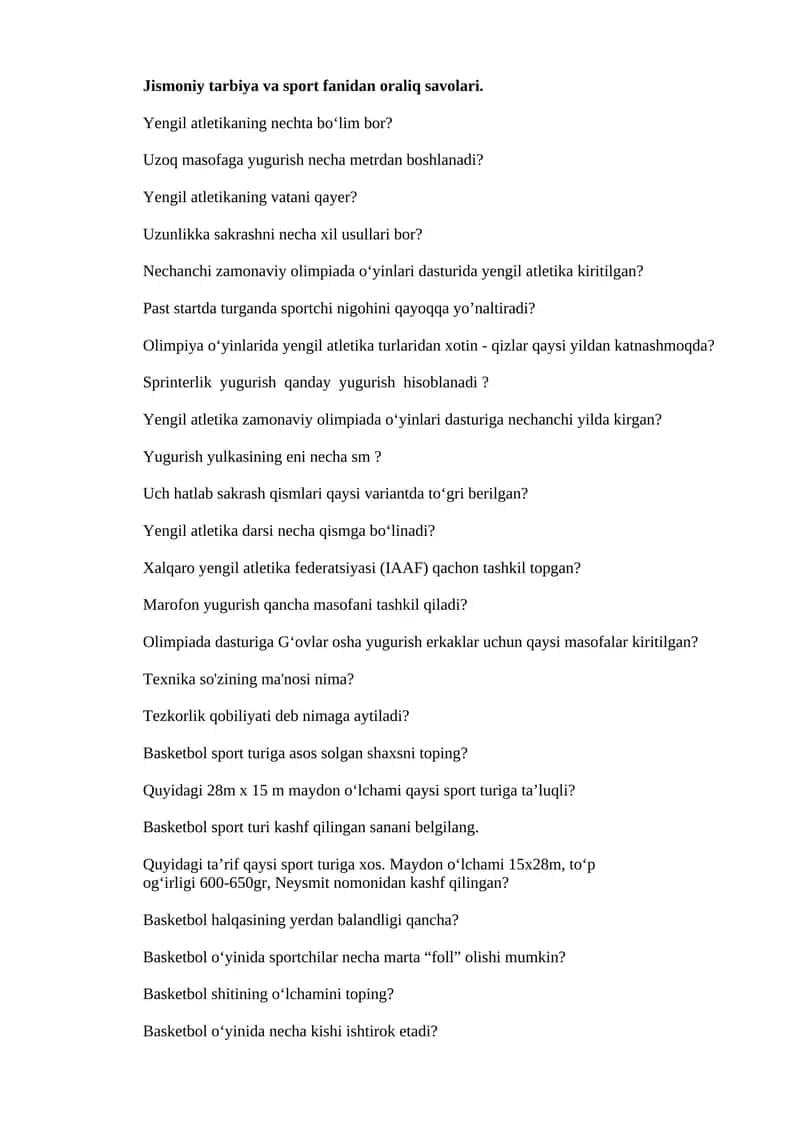 Jismoniy tarbiya va sport fanidan oraliq savolari
