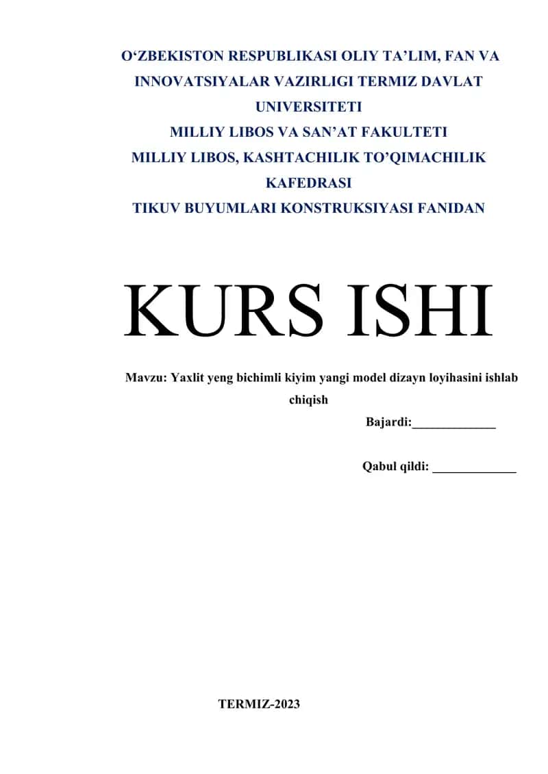 Yaxlit yeng bichimli kiyim yangi model dizayn loyihasini ishlab chiqish