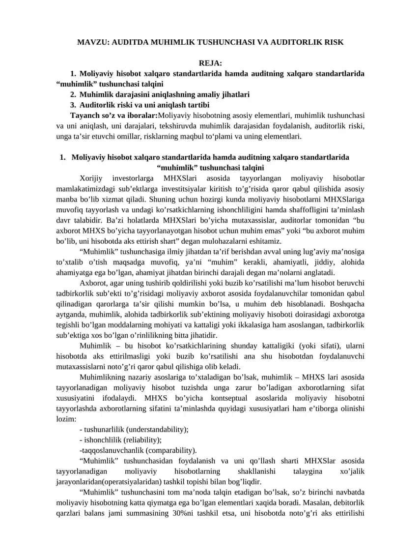 AUDITDA MUHIMLIK TUSHUNCHASI VA AUDITORLIK RISK