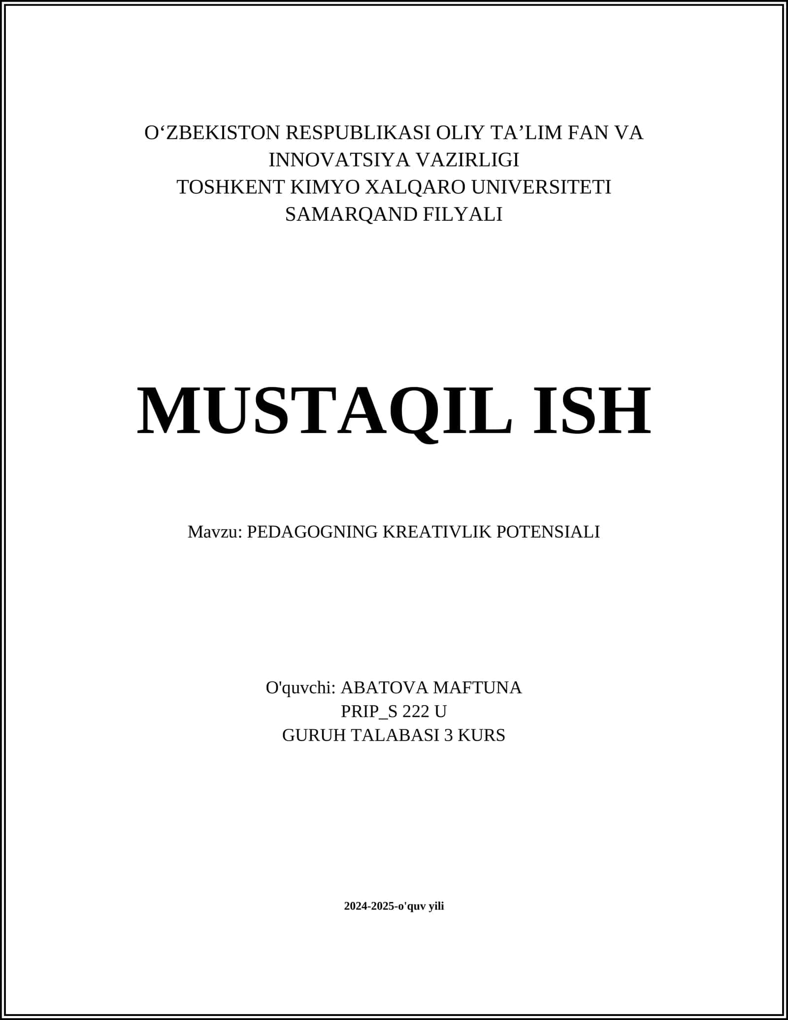 PEDAGOGNING KREATIVLIK POTENSIALI