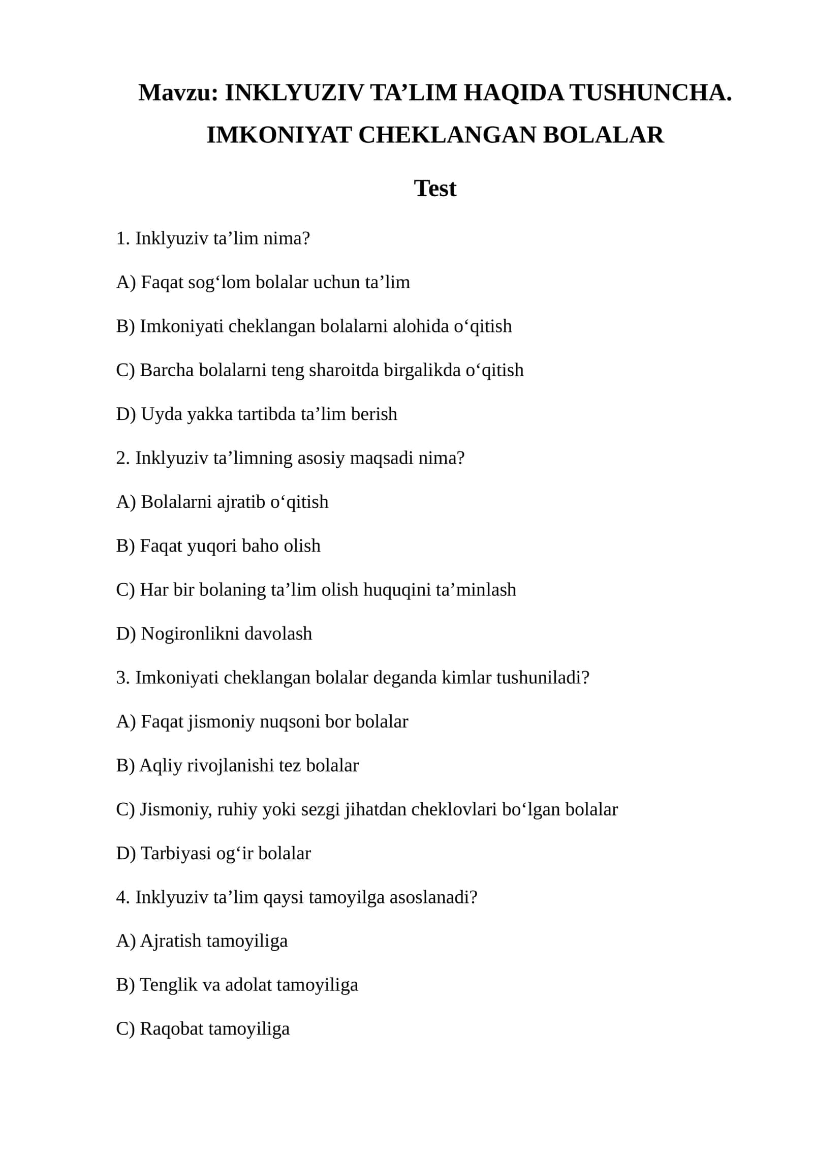INKLYUZIV TA’LIM HAQIDA TUSHUNCHA. IMKONIYAT CHEKLANGAN BOLALAR