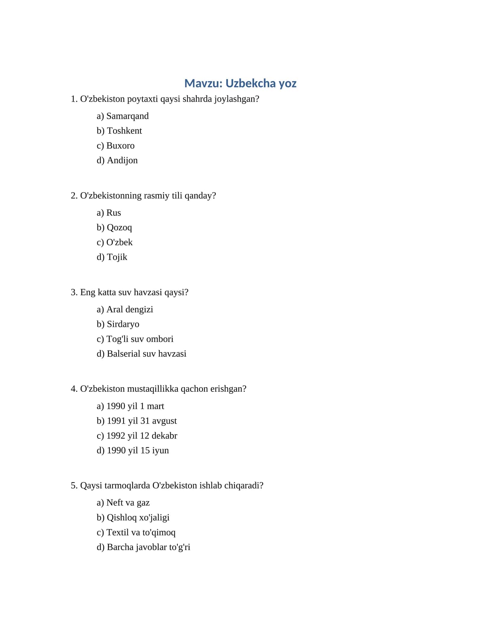 Uzbekcha yoz Test Savollari
