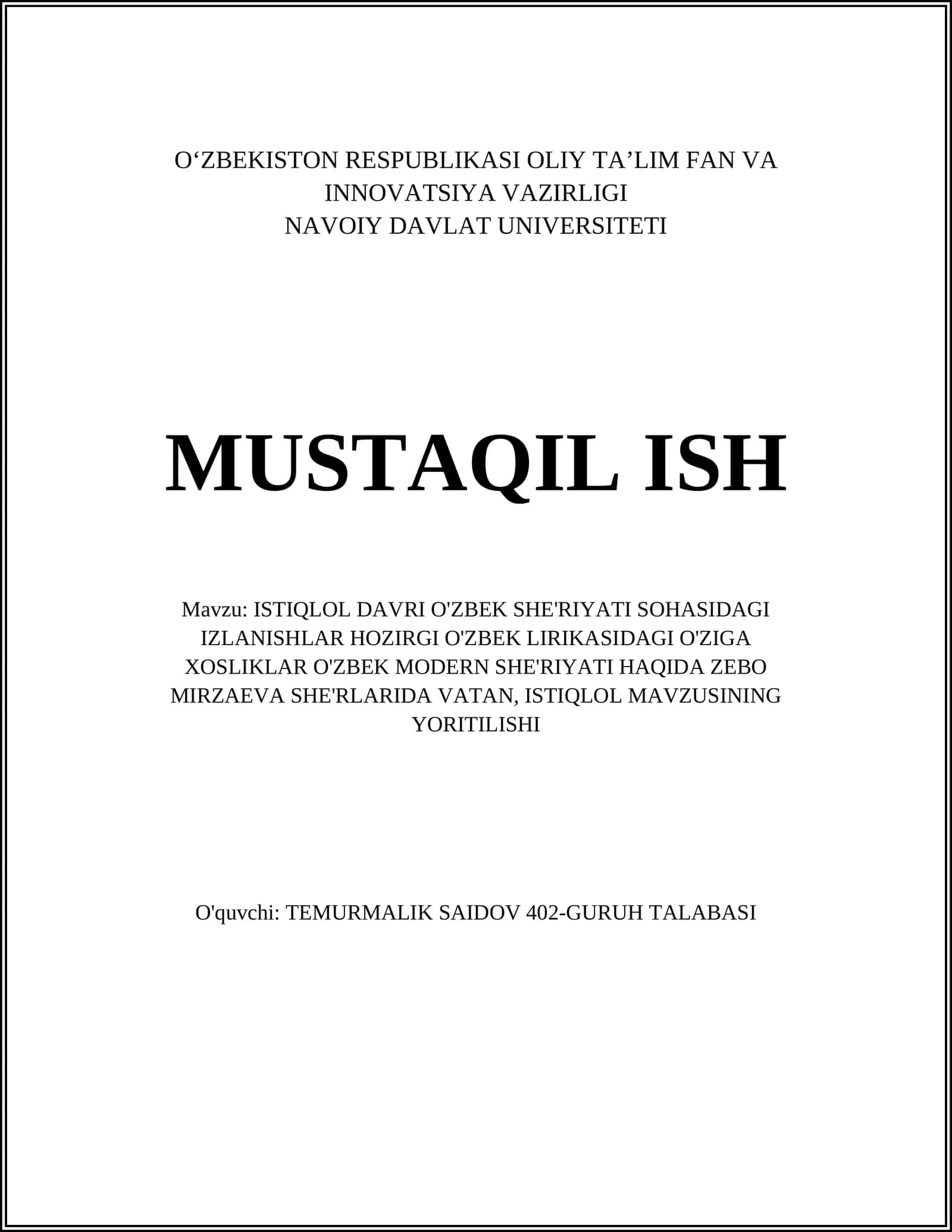 ISTIQLOL DAVRI O'ZBEK SHE'RIYATI
