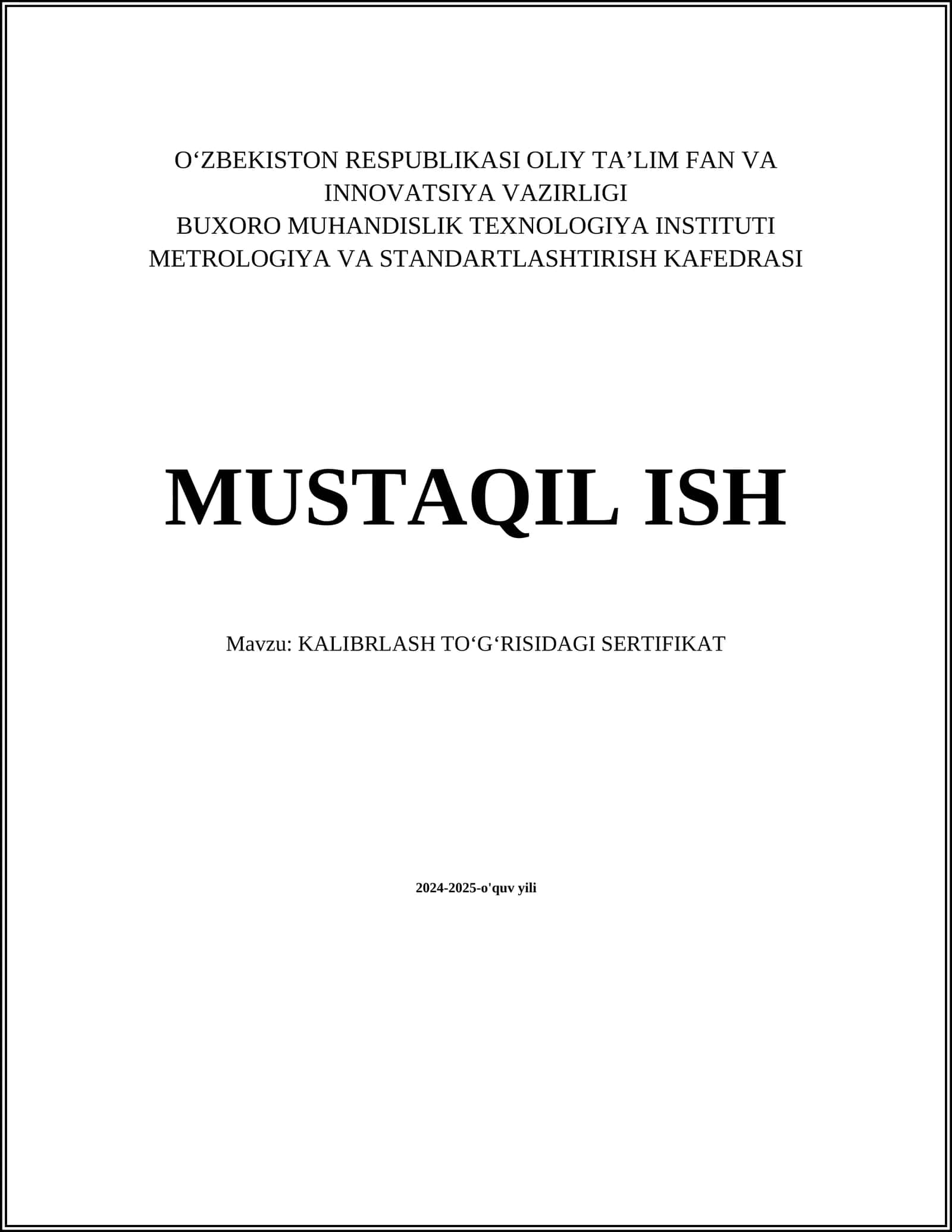 KALIBRLASH TOʻGʻRISIDAGI SERTIFIKAT