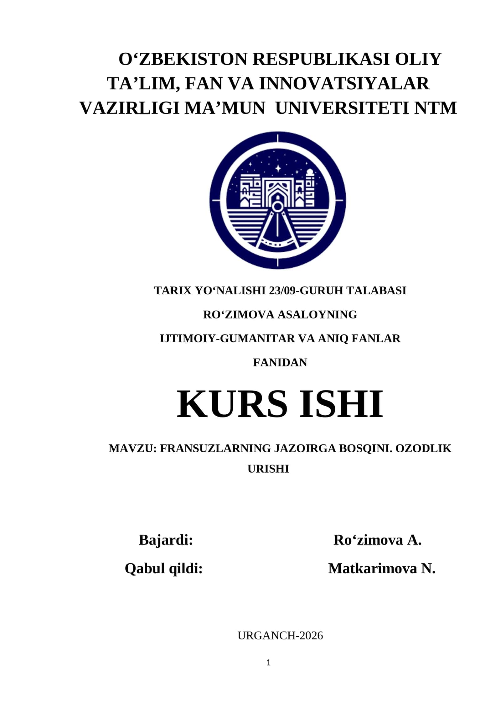 FRANSUZLARNING JAZOIRGA BOSQINI. OZODLIK URISHI