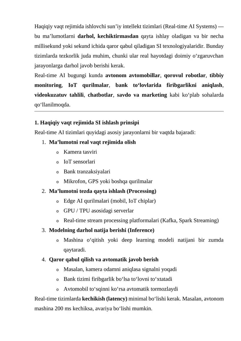 Haqiqiy vaqt rejimida ishlovchi sun’iy intellekt tizimlari (Real-time AI Systems)