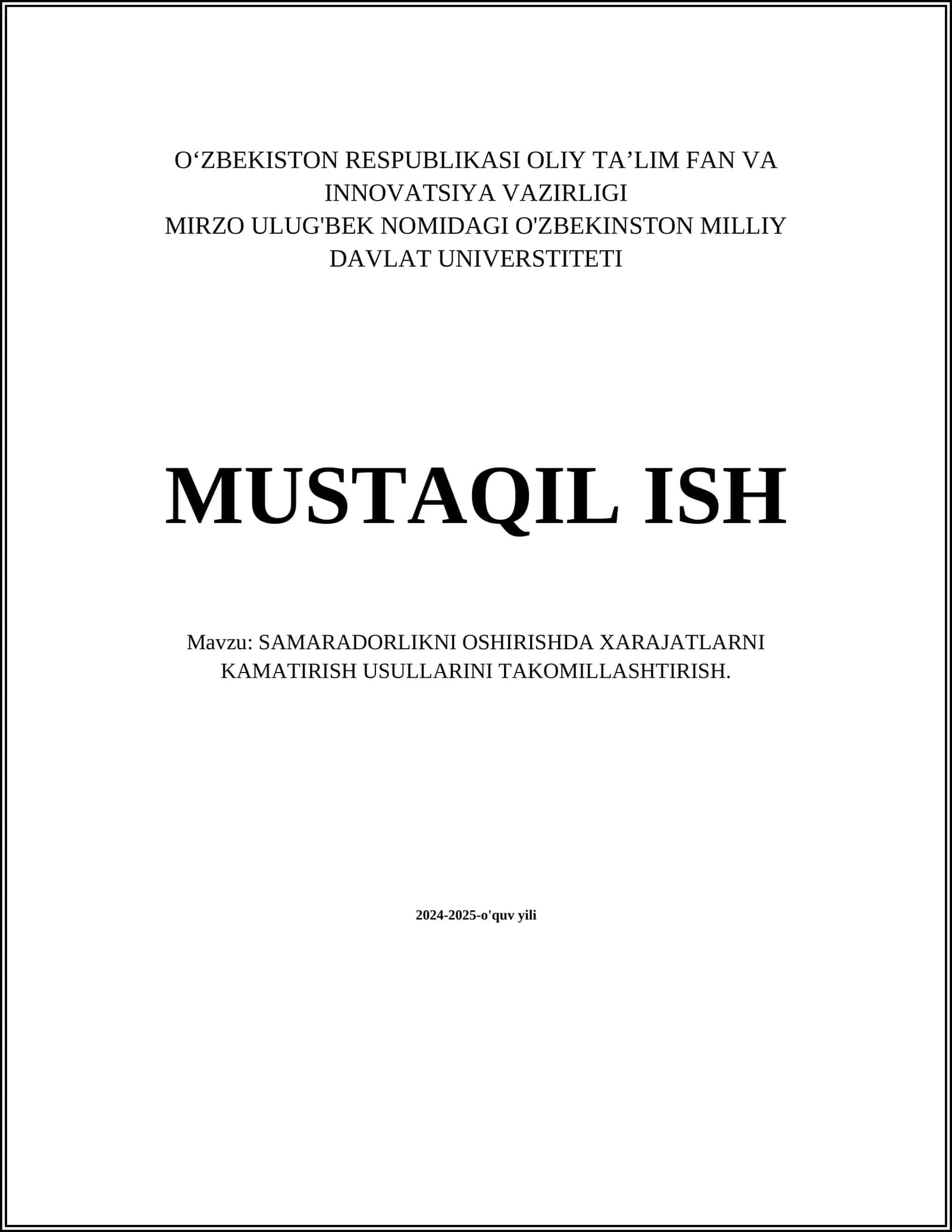 SAMARADORLIKNI OSHIRISHDA XARAJATLARNI KAMATIRISH USULLARINI TAKOMILLASHTIRISH