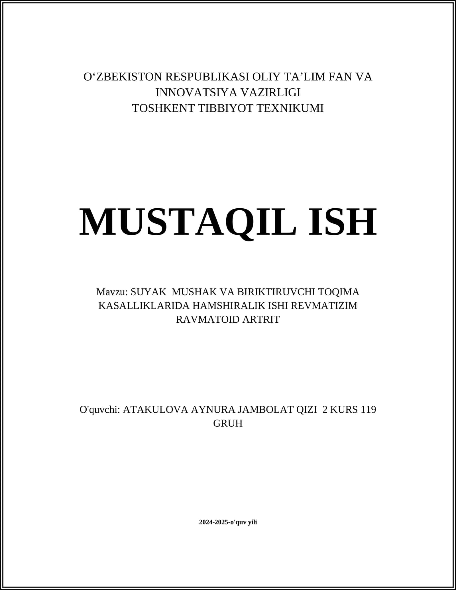 SUYAK MUSHAK VA BIRIKTIRUVCHI TOQIMA KASALLIKLARIDA HAMSHIRALIK ISHI REVMATIZIM RAVMATOID ARTRIT