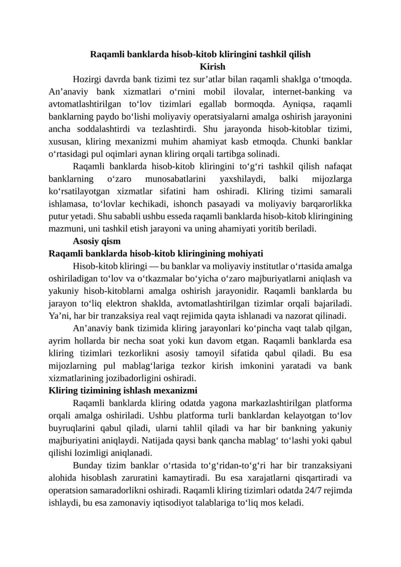 Raqamli banklarda hisob-kitob kliringini tashkil qilish