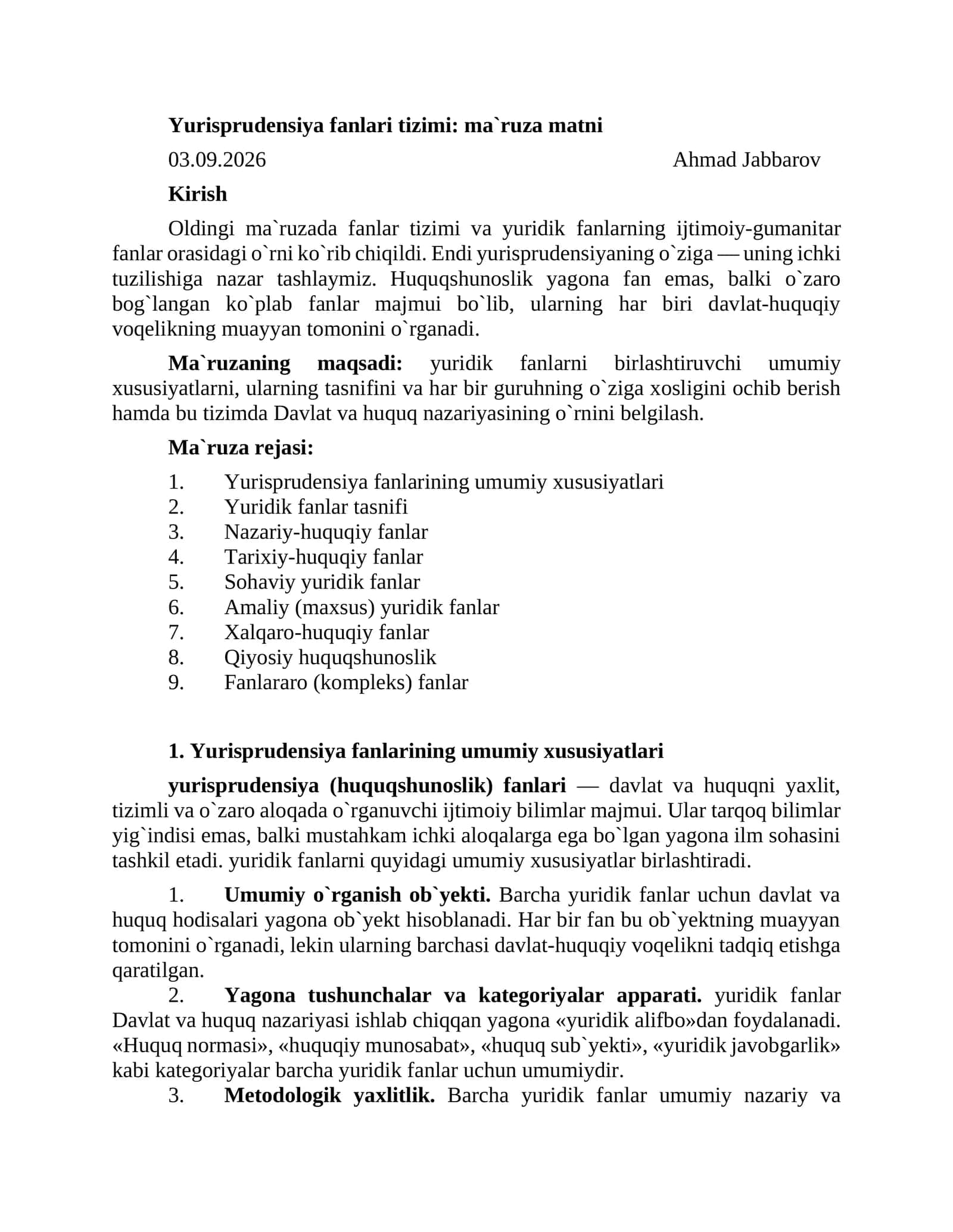 Yurisprudensiya fanlari tizimi: ma`ruza matni