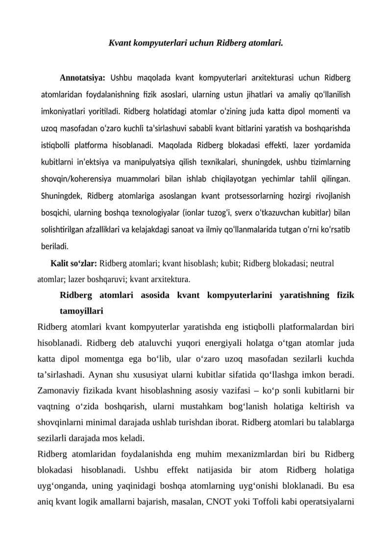 Kvant kompyuterlari uchun Ridberg atomlari