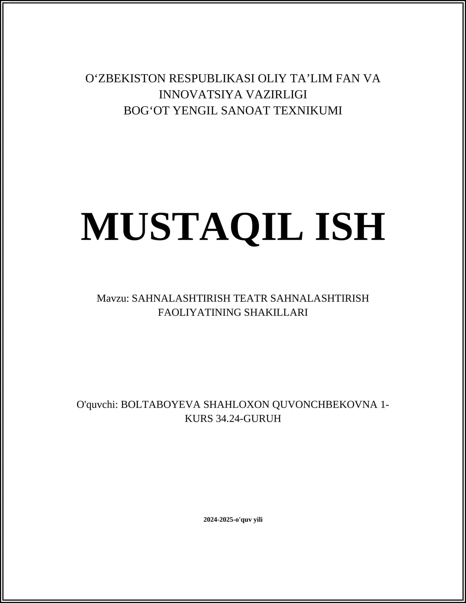 SAHNALASHTIRISH TEATR SAHNALASHTIRISH FAOLIYATINING SHAKILLARI