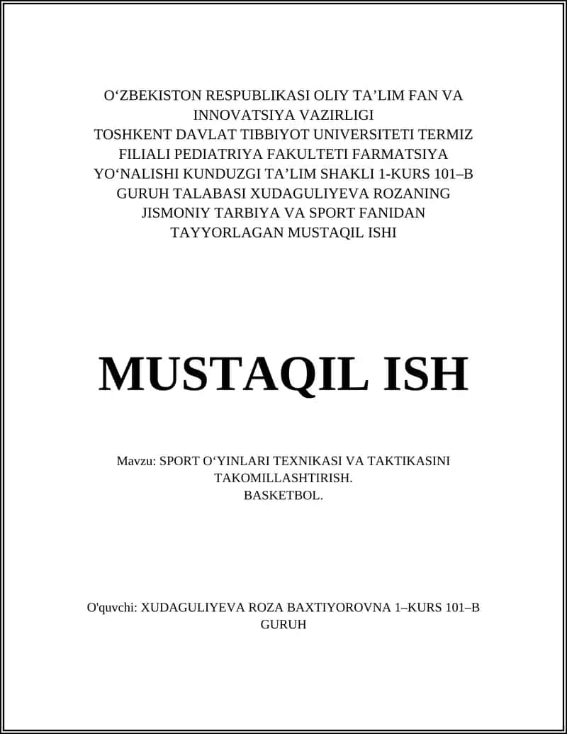SPORT OʻYINLARI TEXNIKASI VA TAKTIKASINI TAKOMILLASHTIRISH (Basketbol)
