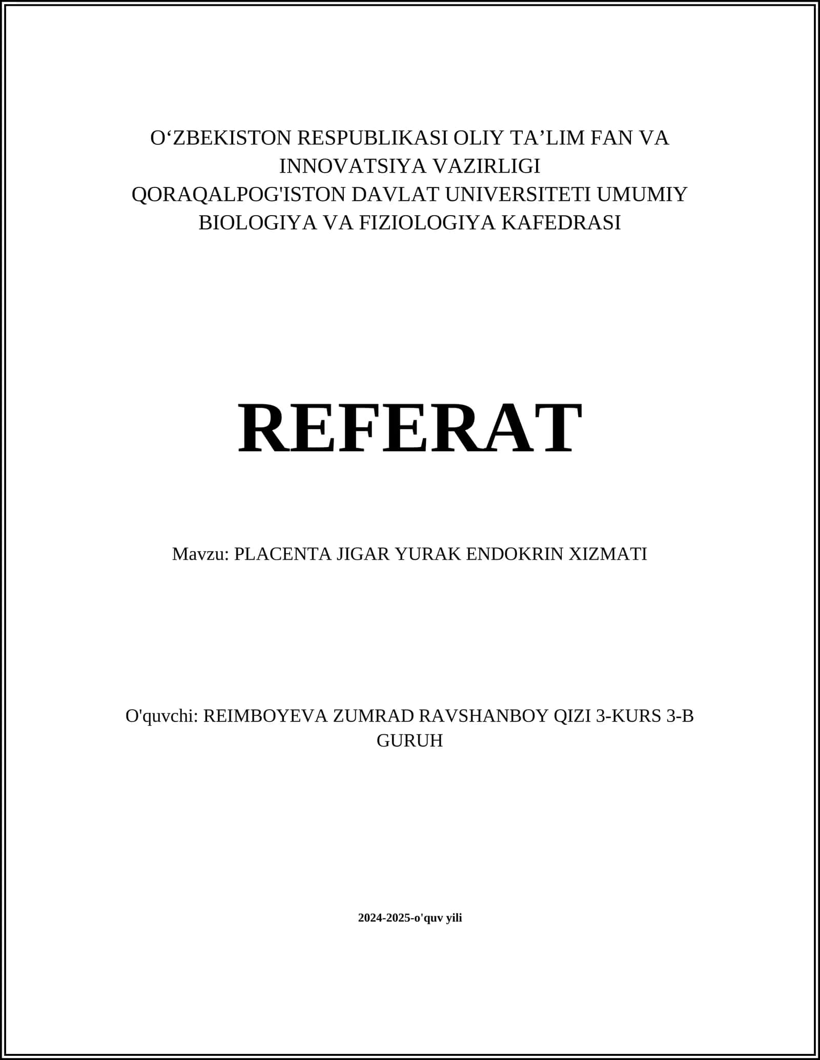 PLACENTA JIGAR YURAK ENDOKRIN XIZMATI