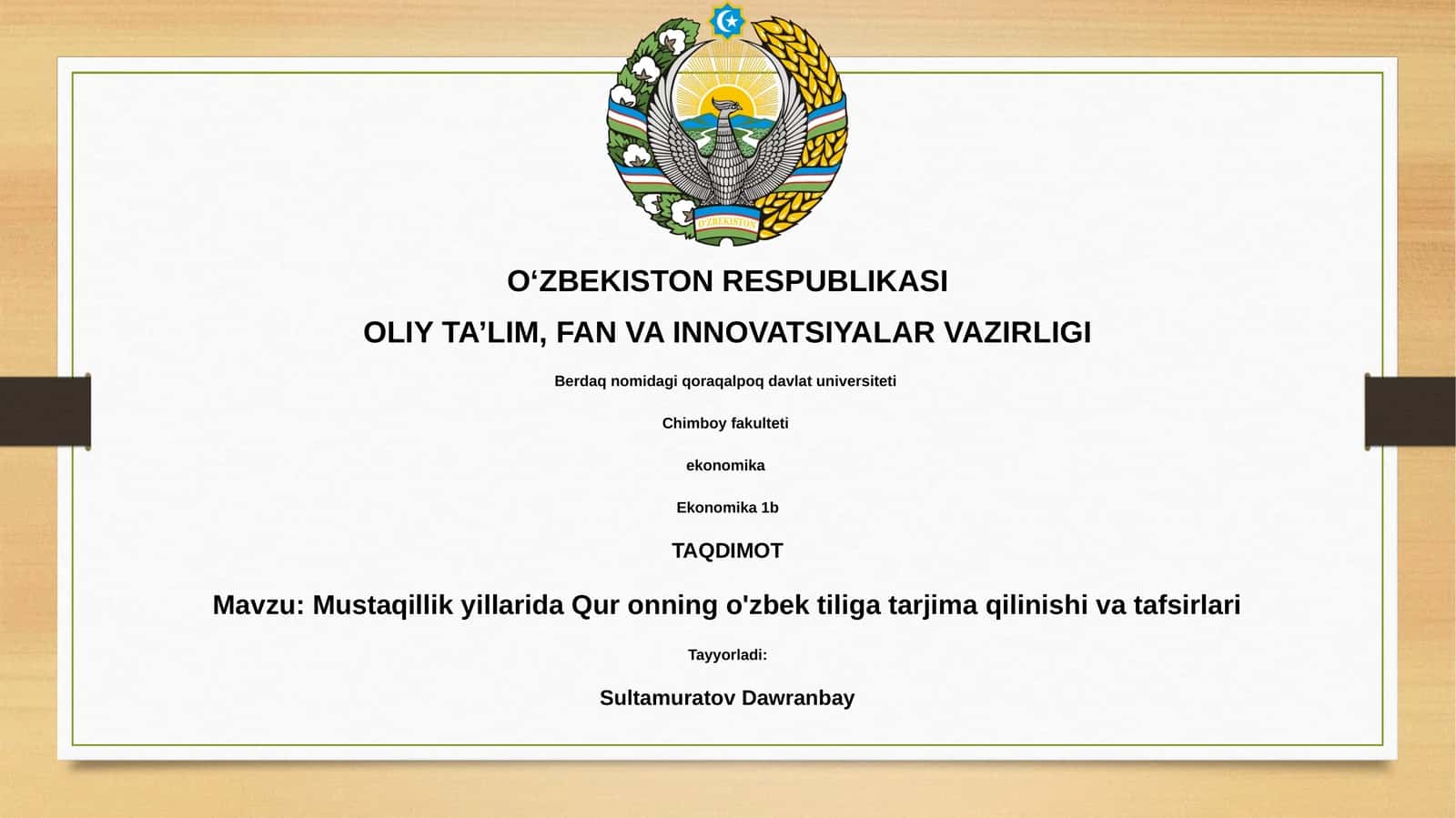 Mustaqillik yillarida Qur onning o'zbek tiliga tarjima qilinishi va tafsirlari
