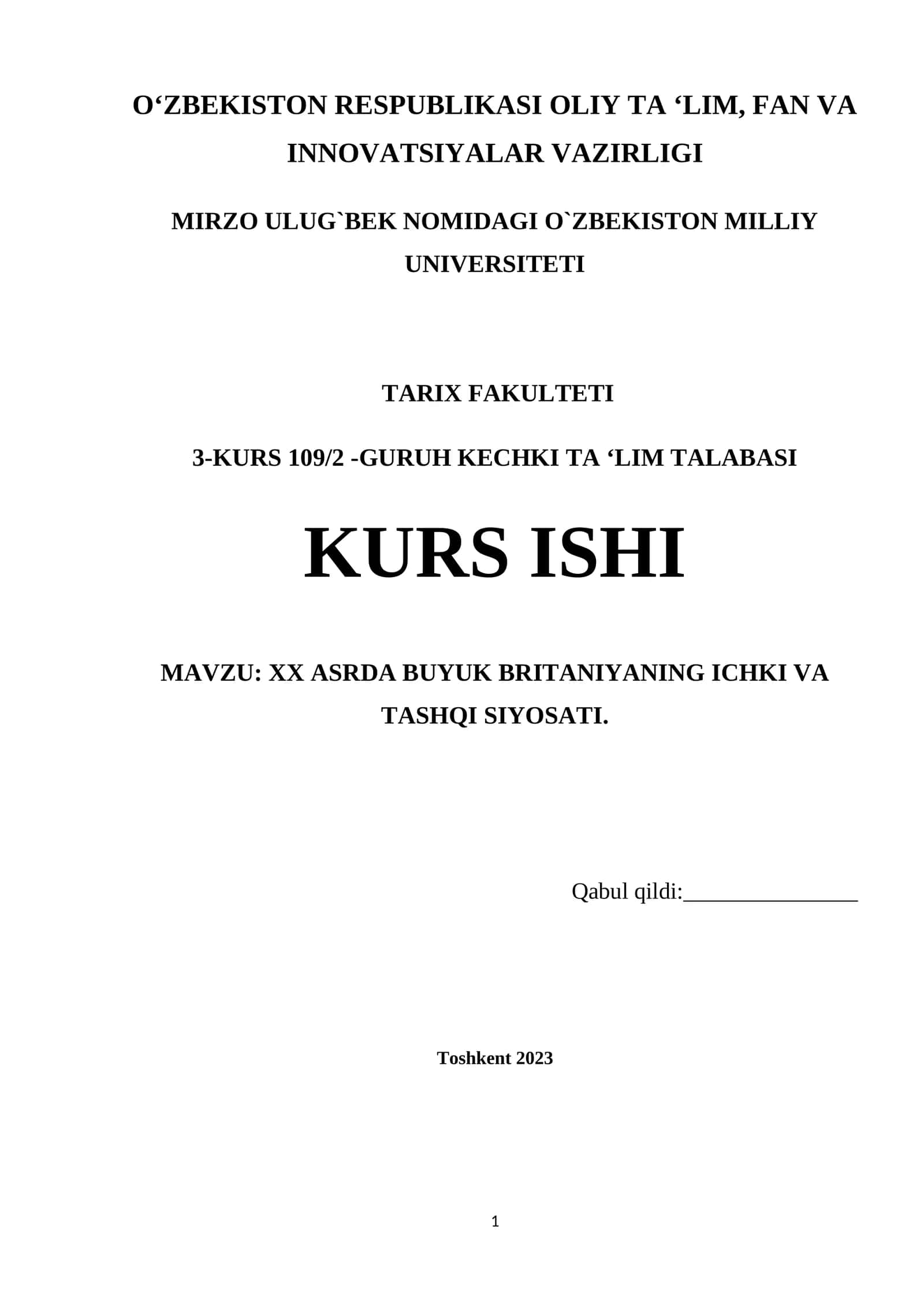 XX ASRDA BUYUK BRITANIYANING ICHKI VA TASHQI SIYOSATI