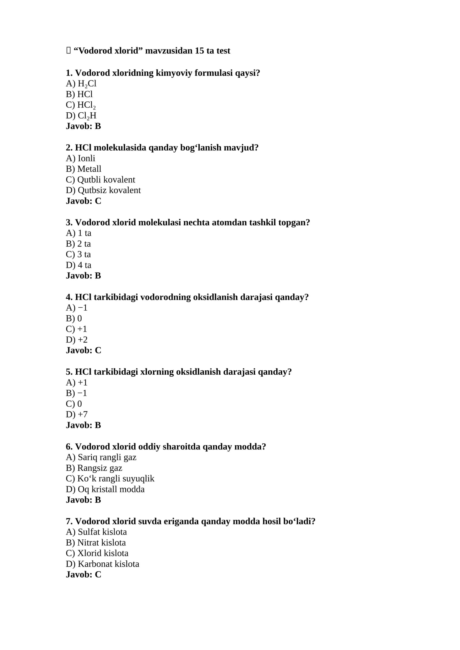 "Vodorod xlorid" mavzusidan 15 ta test