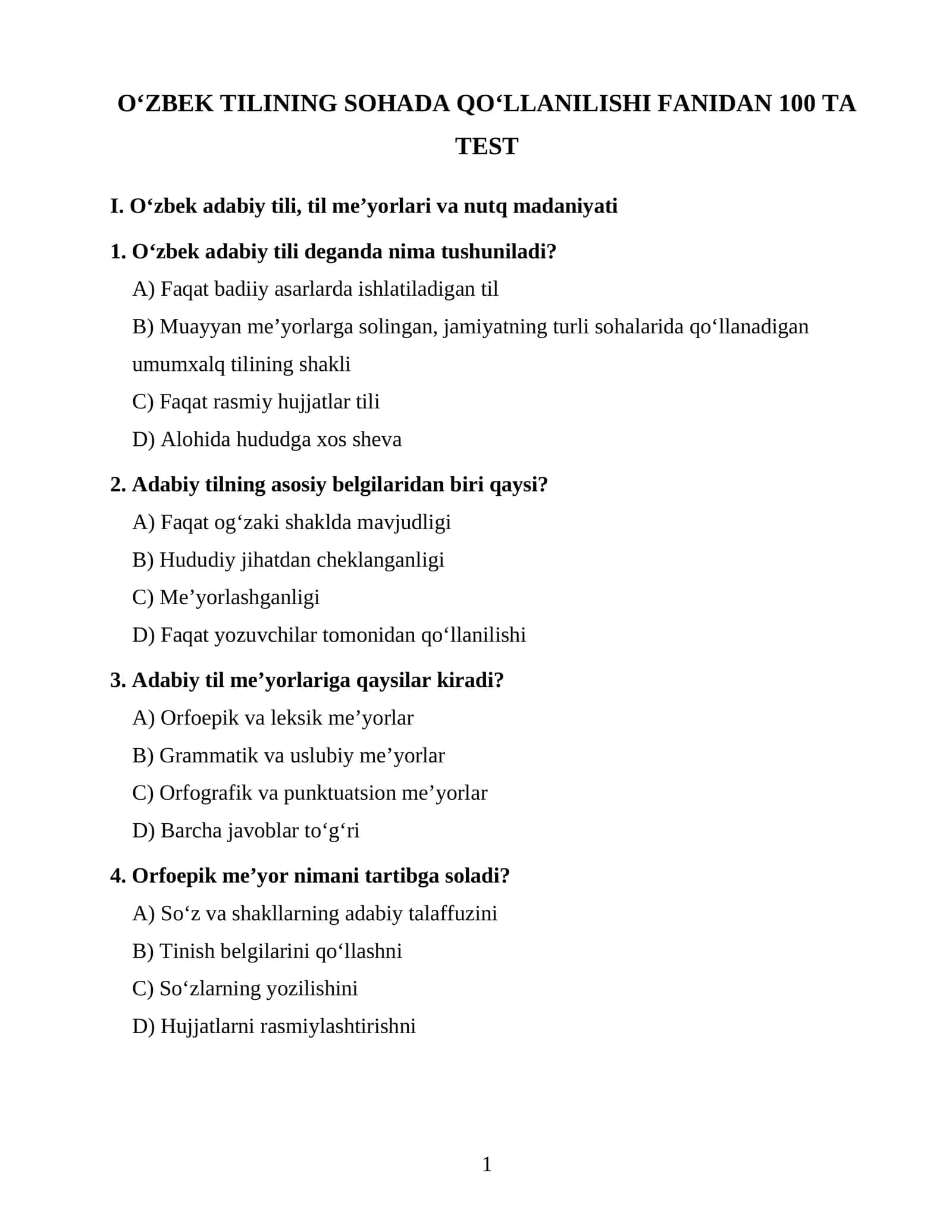 O‘ZBEK TILINING SOHADA QO‘LLANILISHI FANIDAN 100 TA TEST