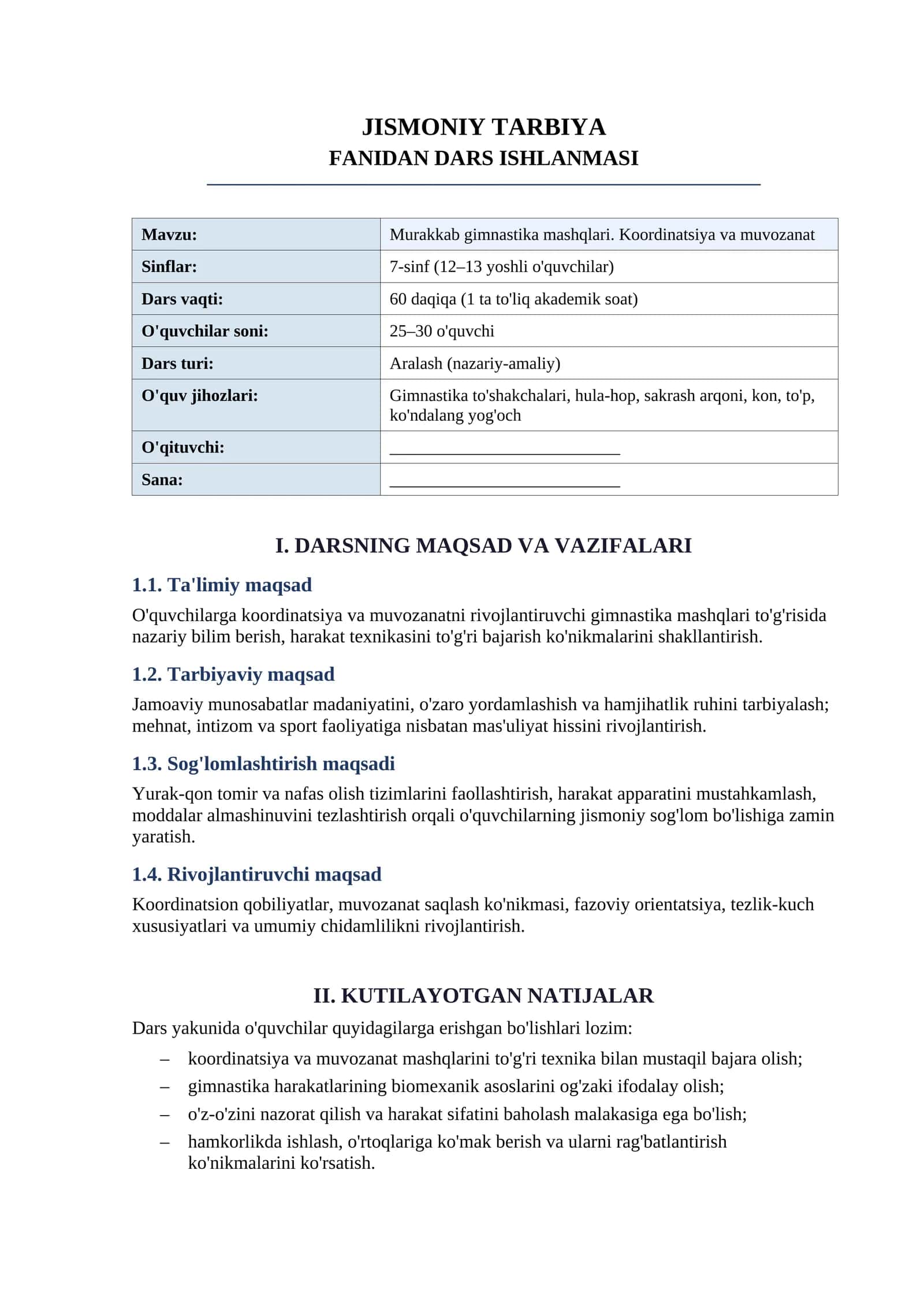 JISMONIY TARBIYA FANIDAN DARS ISHLANMASI