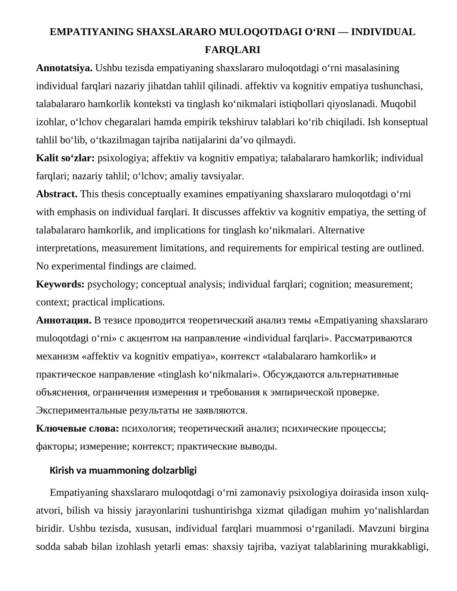 EMPATIYANING SHAXSLARARO MULOQOTDAGI O‘RNI — INDIVIDUAL FARQLARI