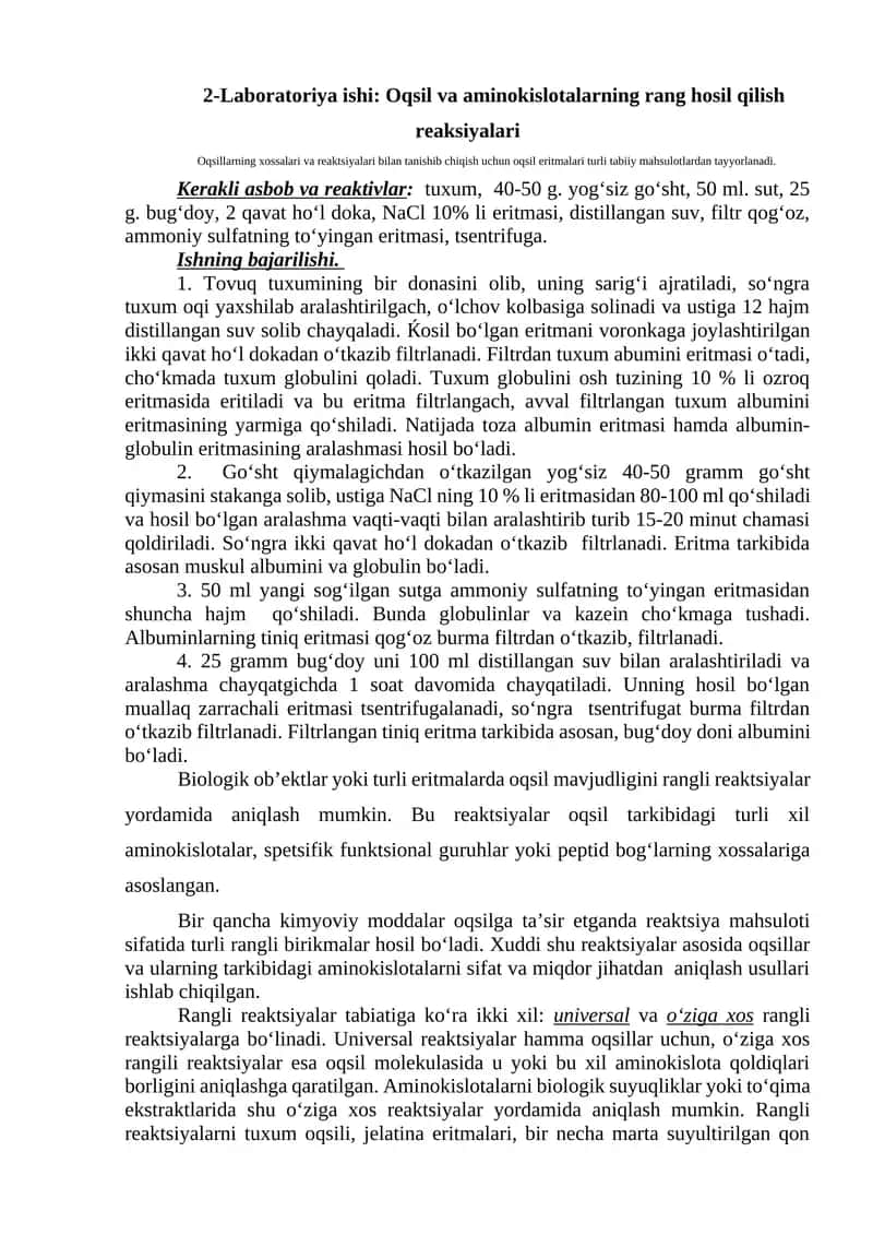 Oqsil va aminokislotalarning rang hosil qilish reaksiyalari