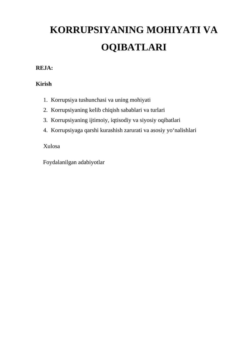 KORRUPSIYANING MOHIYATI VA OQIBATLARI