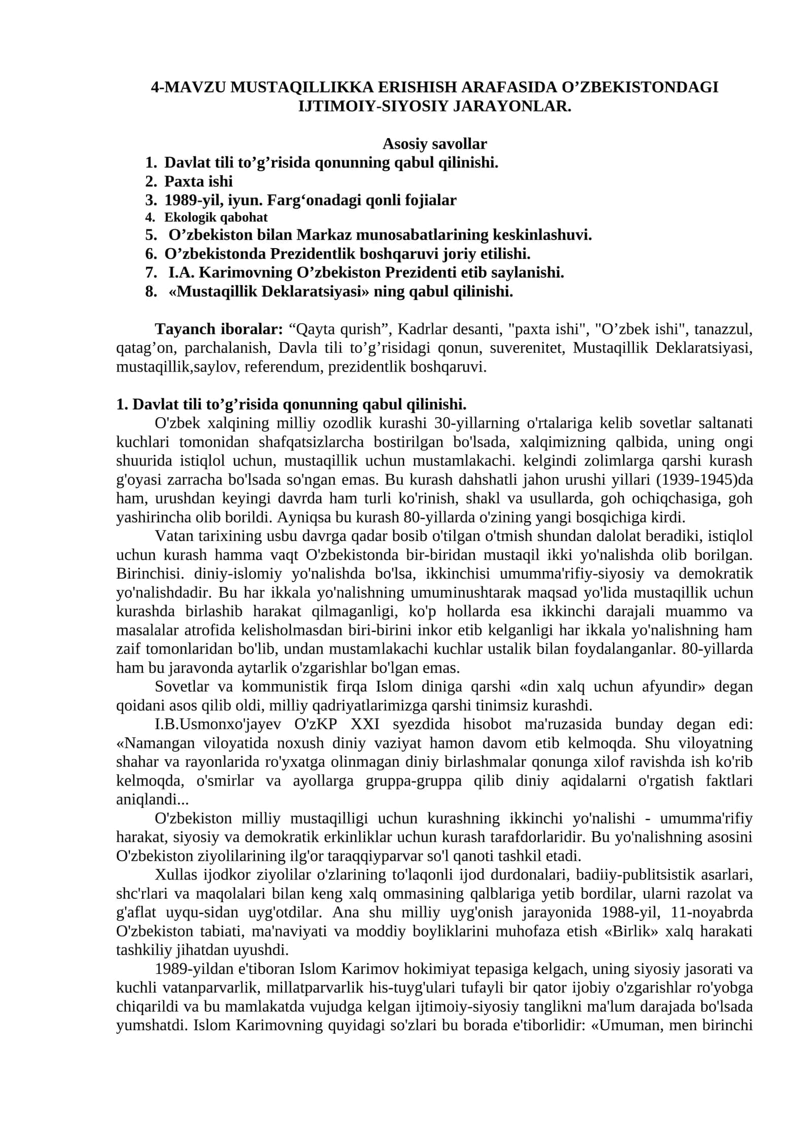 Mavzu Mustaqillikka Erishish Arafasida O’zbekistondagi Ijtimoiy-Siyosiy Jarayonlar