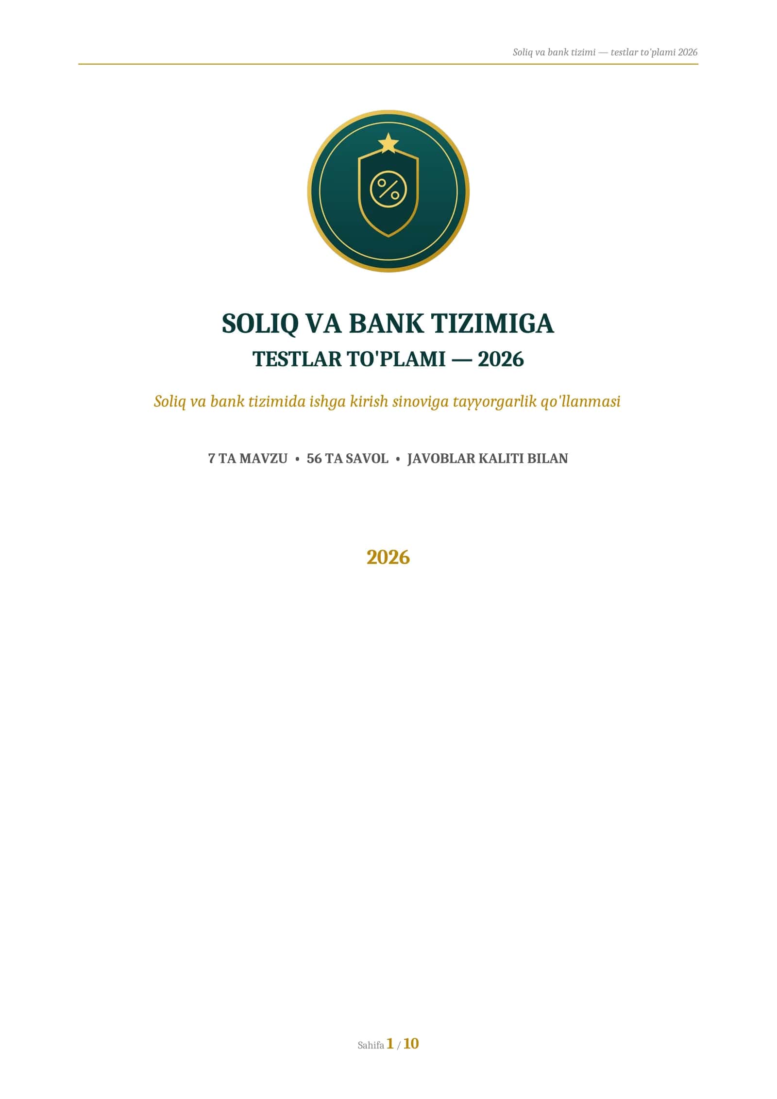 soliq va bank tizimi testlari