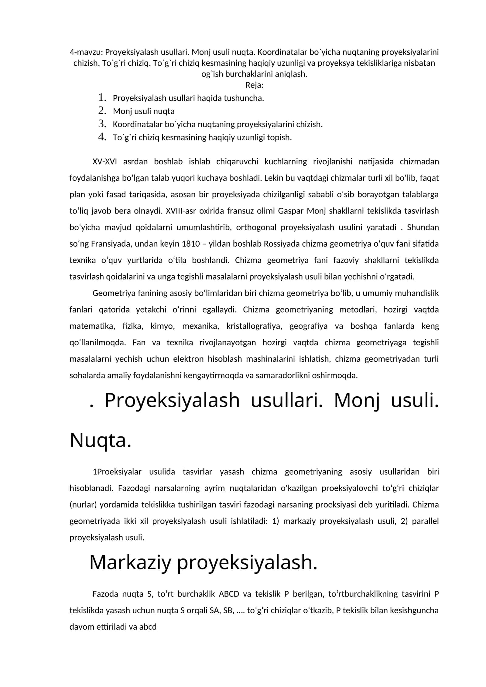 Proyeksiyalash usullari. Monj usuli nuqta