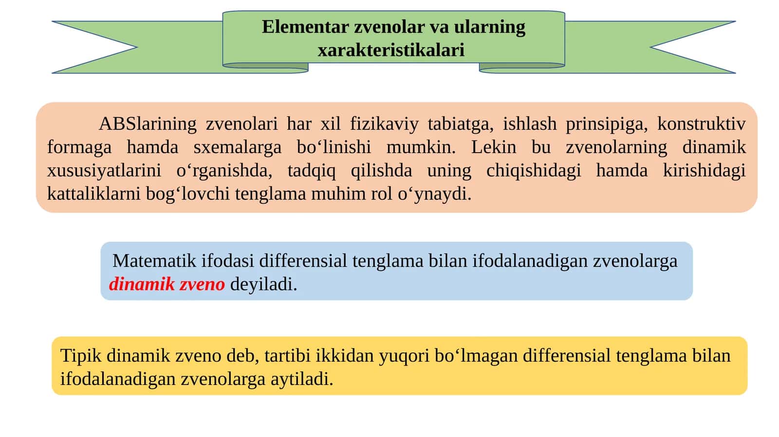 Elementar zveno lar va u lar ning xarakteristikalari