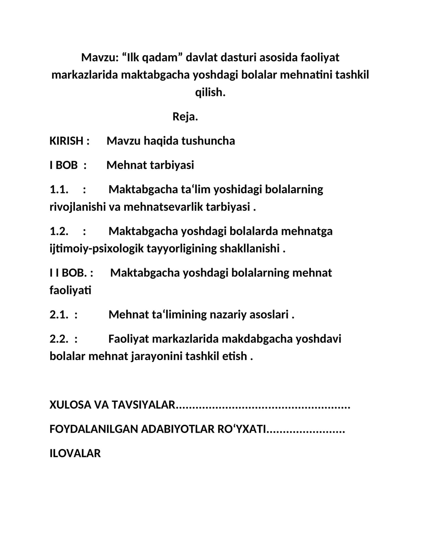 "Ilk qadam" davlat dasturi asosida faoliyat markazlarida maktabgacha yoshdagi bolalar mehnatini tashkil qilish