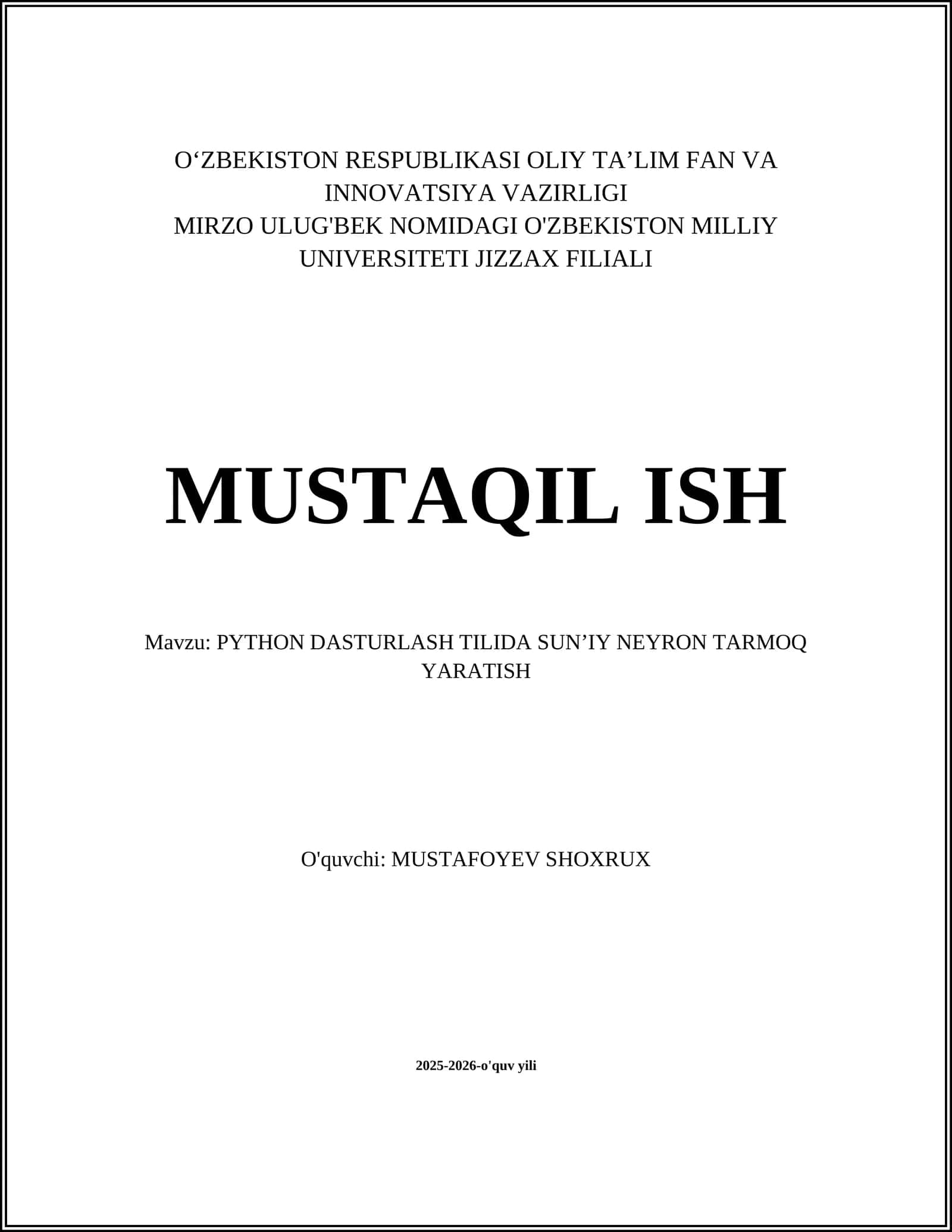 PYTHON DASTURLASH TILIDA SUN’IY NEYRON TARMOQ YARATISH