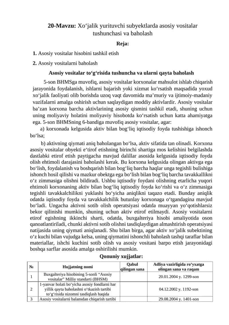 Asosiy vositalar tushunchasi va baholash