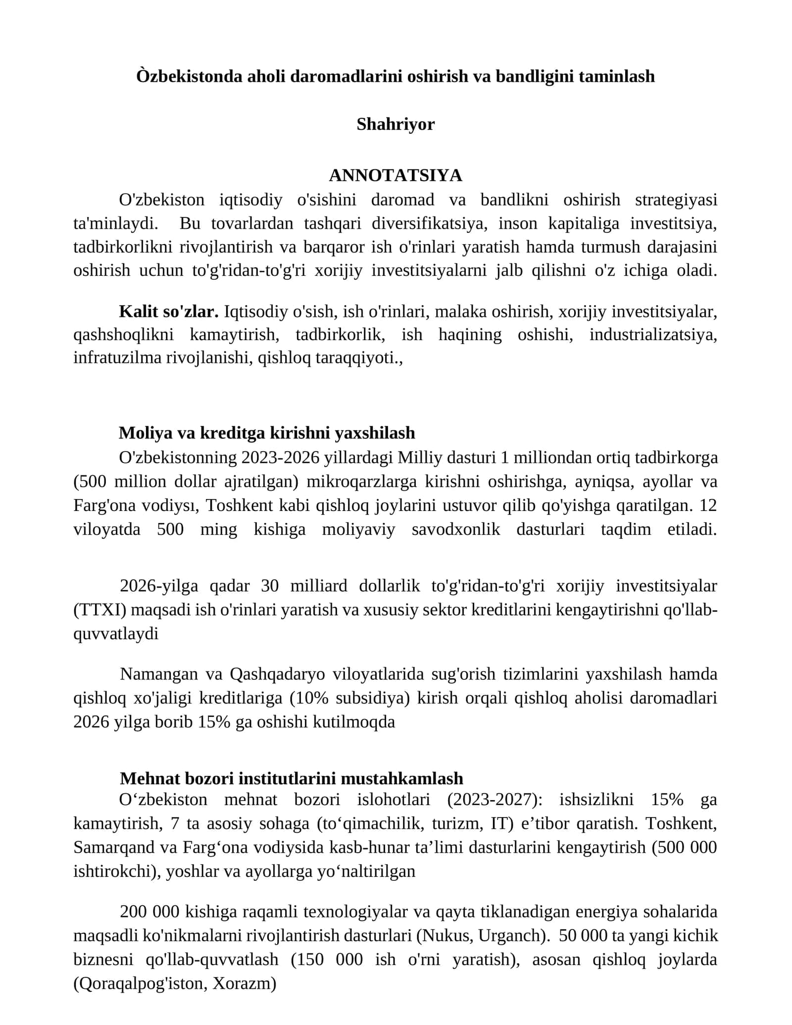 Moliya va kreditga kirishni yaxshilash