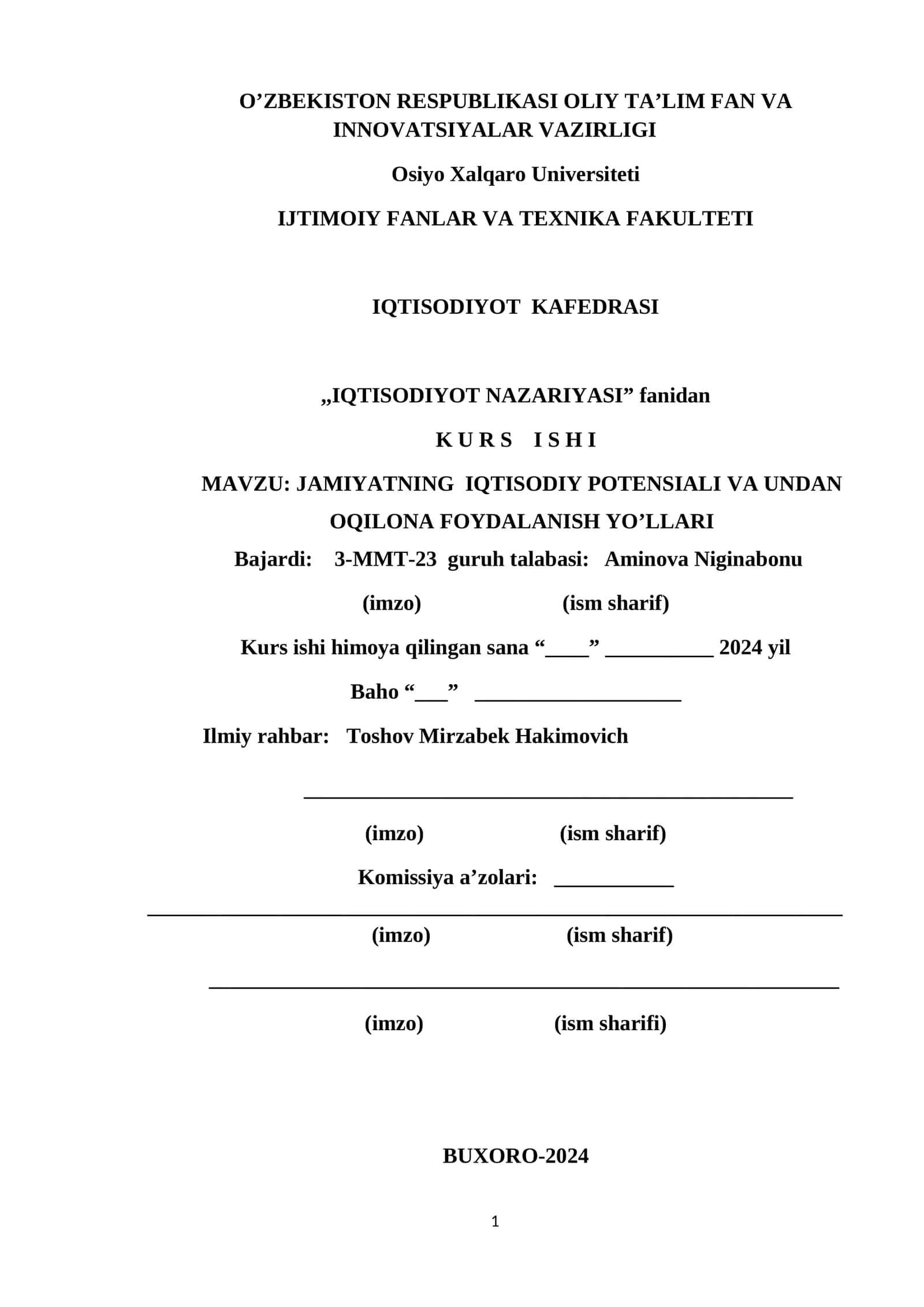 JAMIYATNING IQTISODIY POTENSIALI VA UNDAN OQILONA FOYDALANISH YO’LLARI
