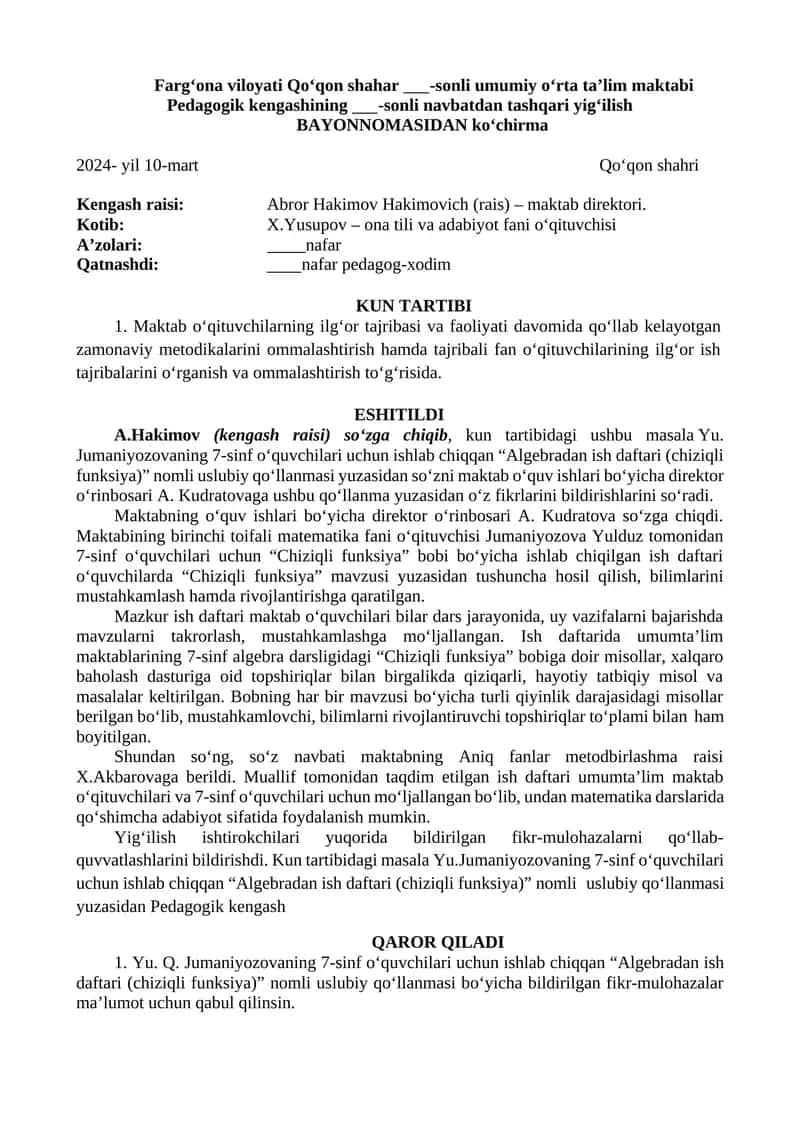 Algebradan ish daftari (chiziqli funksiya)