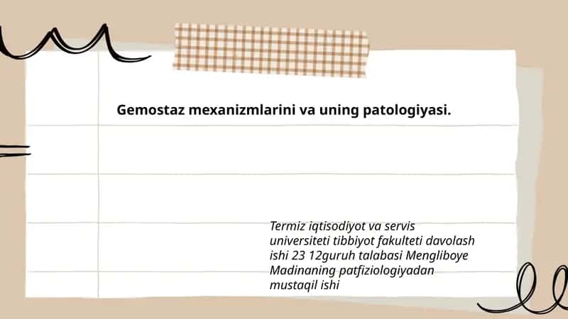 Gemostaz mexanizmlarini va uning patologiyasi