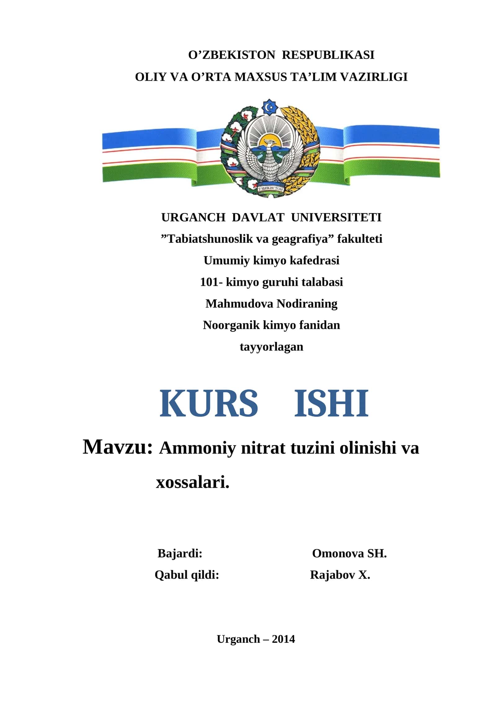 Ammoniy nitrat tuzini olinishi va xossalari
