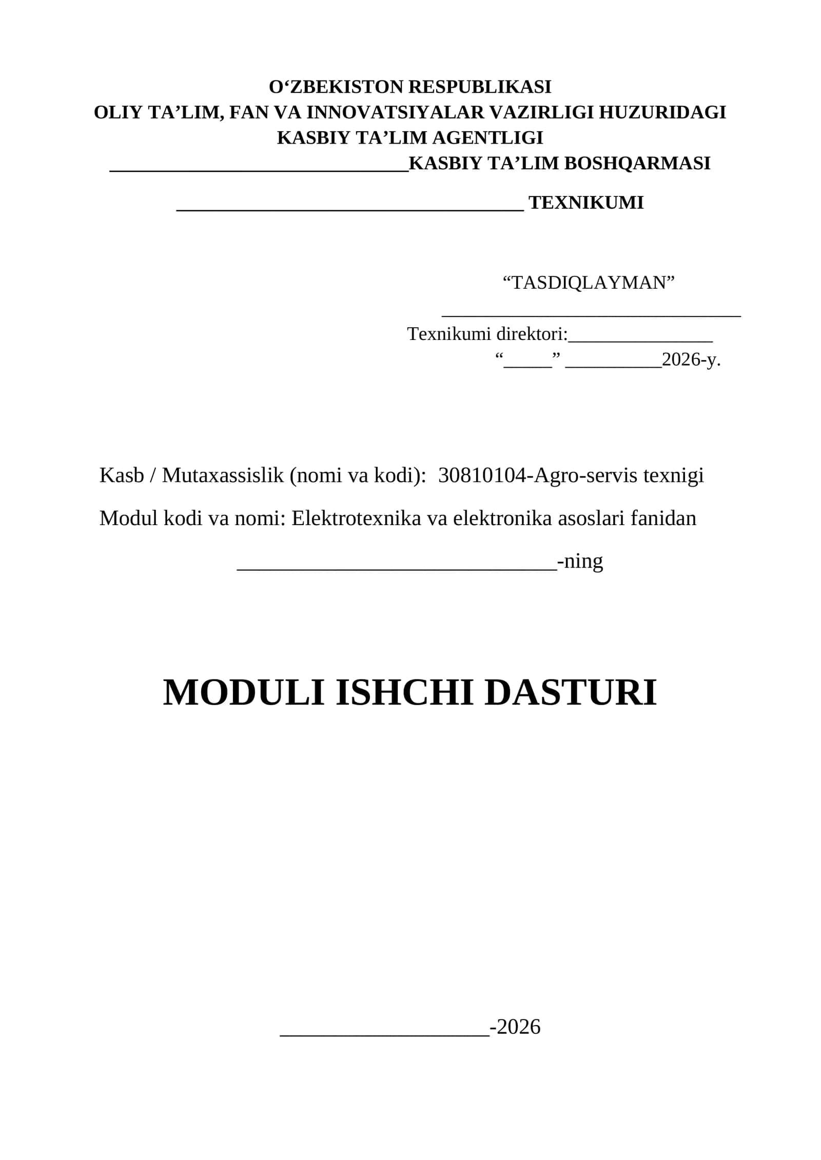 Texnikum Elektrotexnika Agro servis yo'nalishu U Ishchi dastur